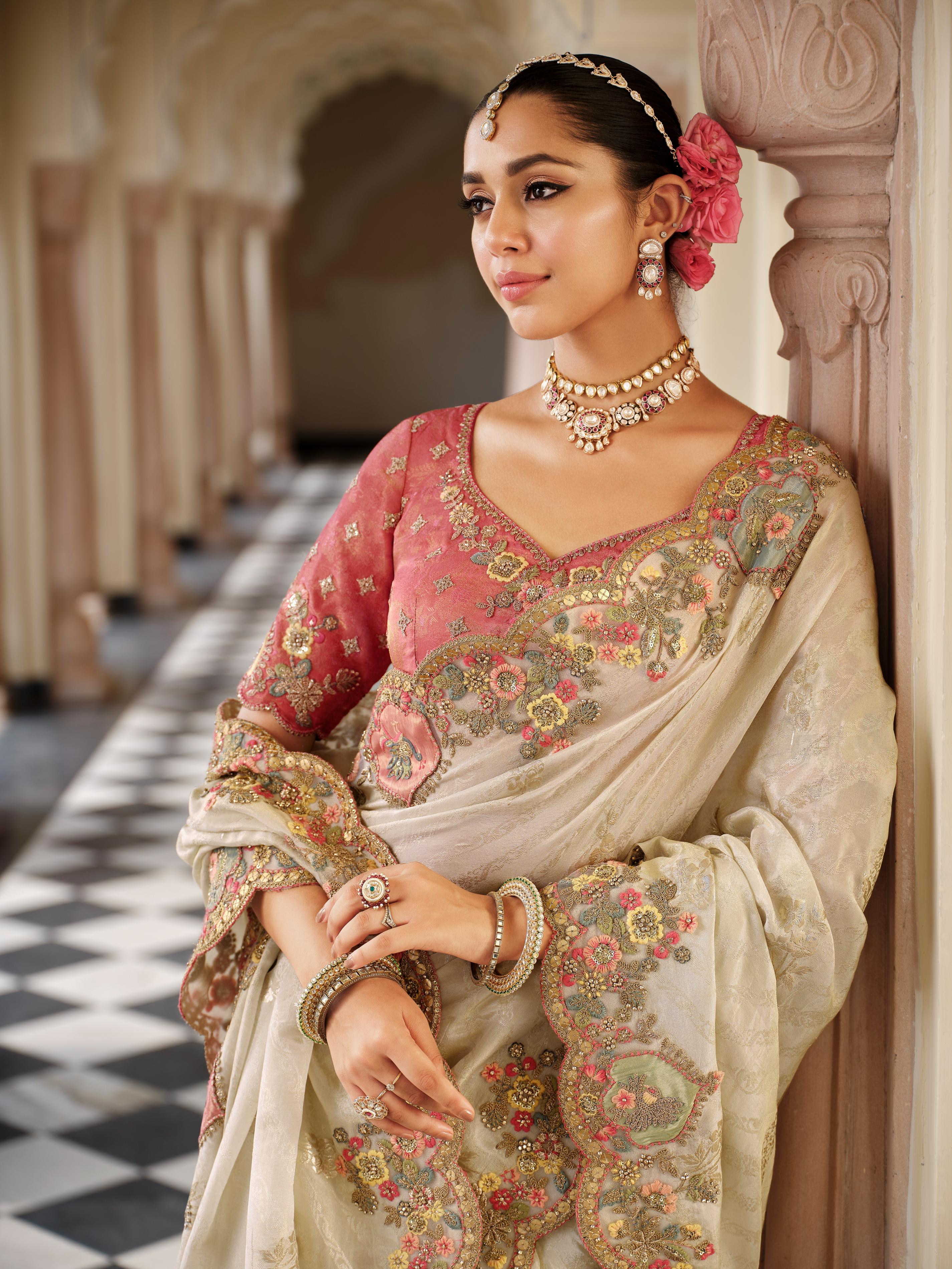 Traditional Cream Pink Premium Fabric Saree with Embroidery and Patchwork