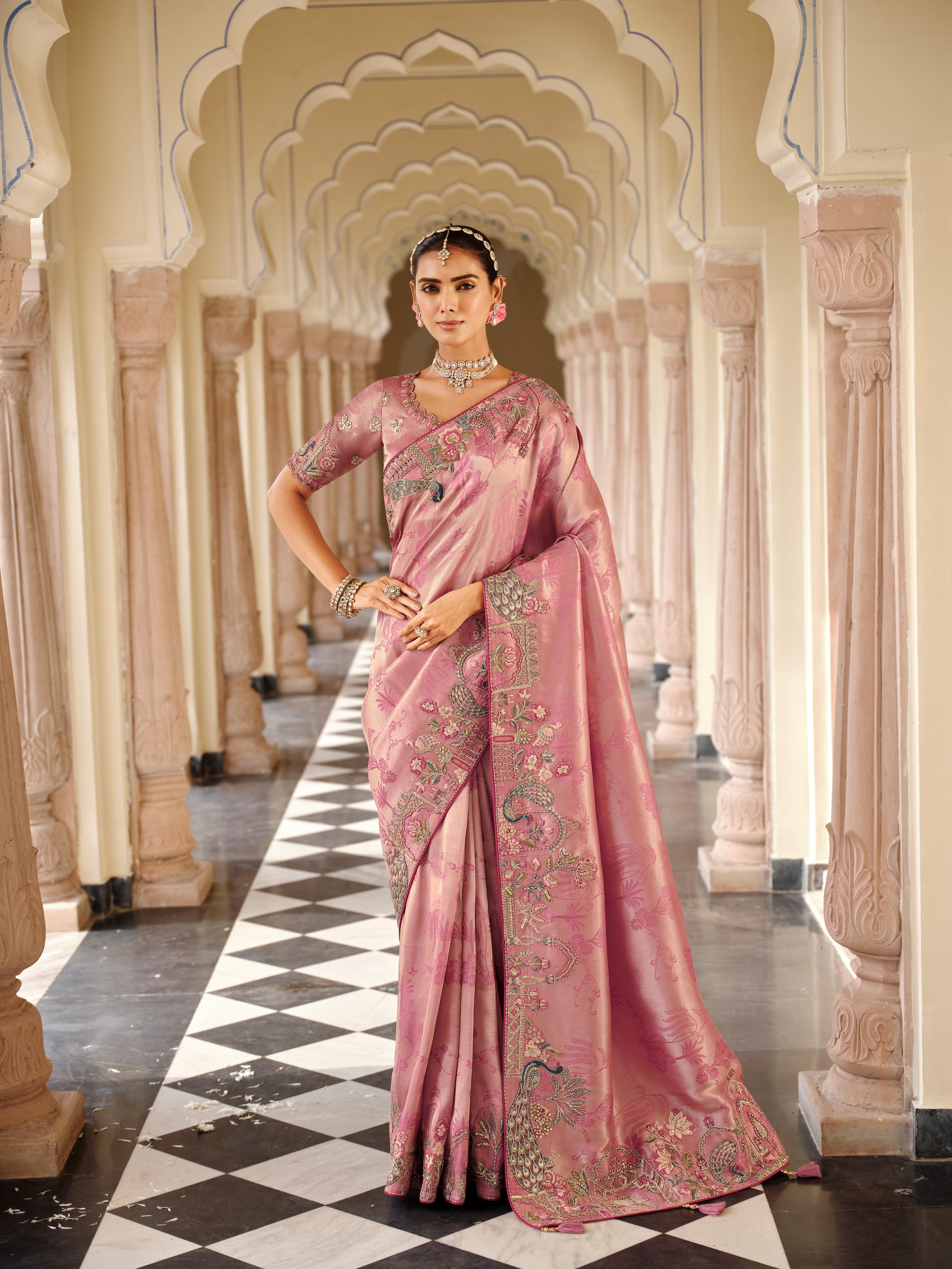 Traditional Pink Premium Fabric Saree with Embroidery and Patchwork