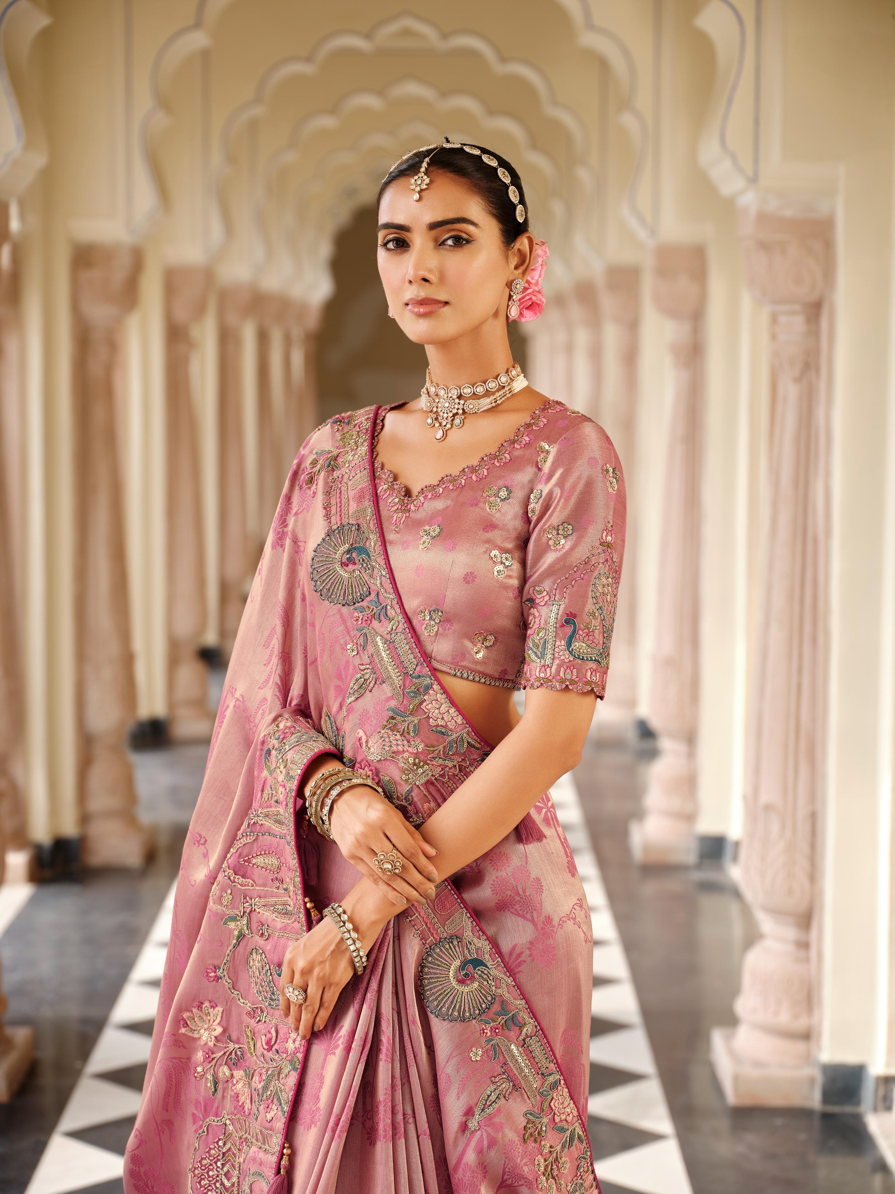 Traditional Pink Premium Fabric Saree with Embroidery and Patchwork