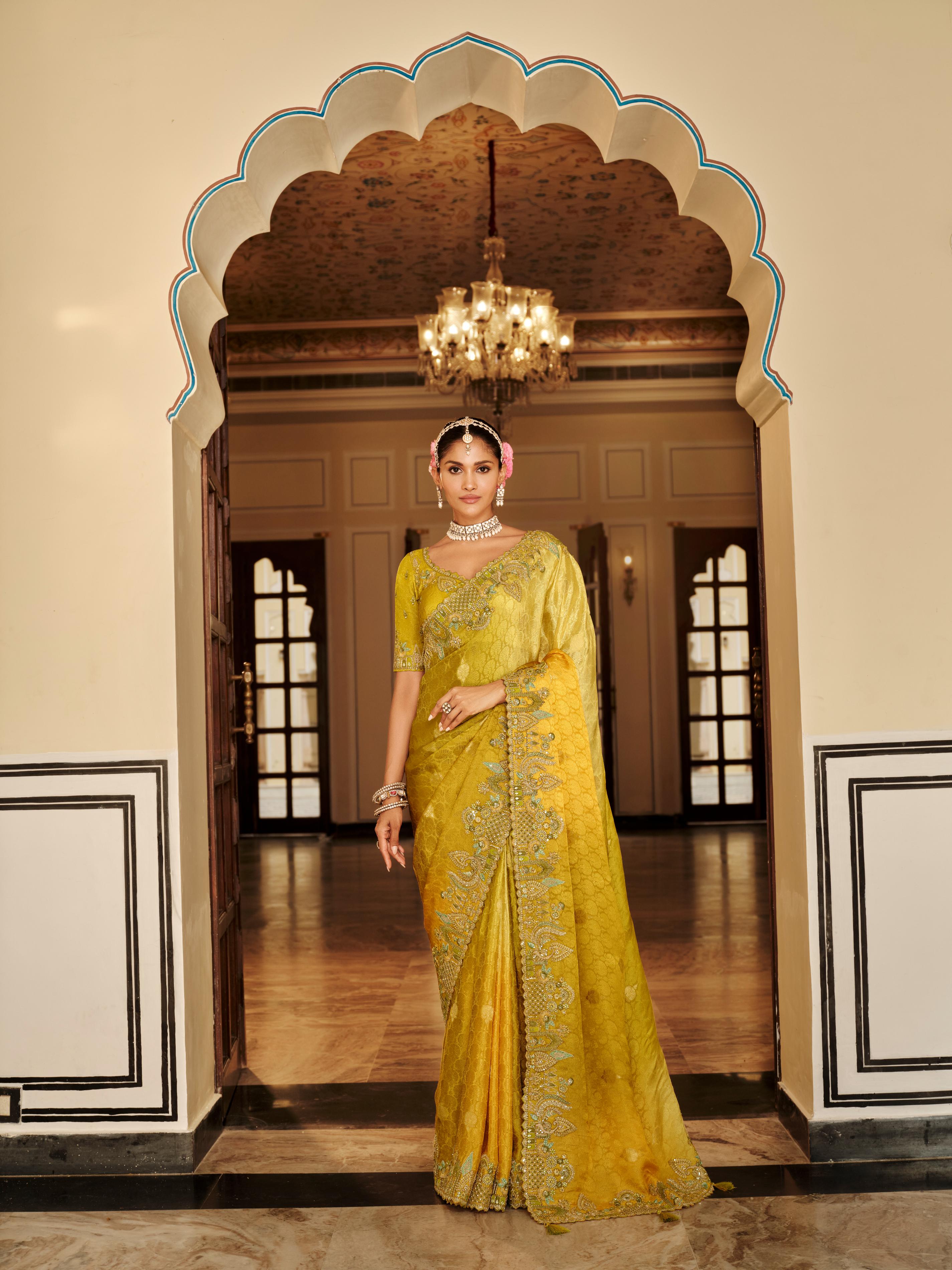 Traditional Yellow Premium Fabric Saree with Embroidery and Patchwork
