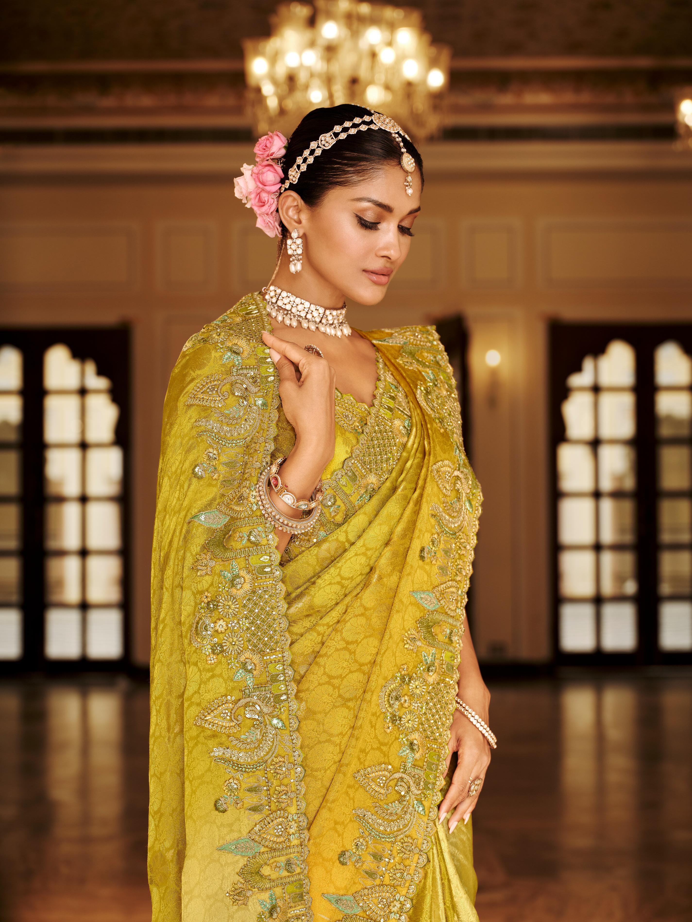 Traditional Yellow Premium Fabric Saree with Embroidery and Patchwork