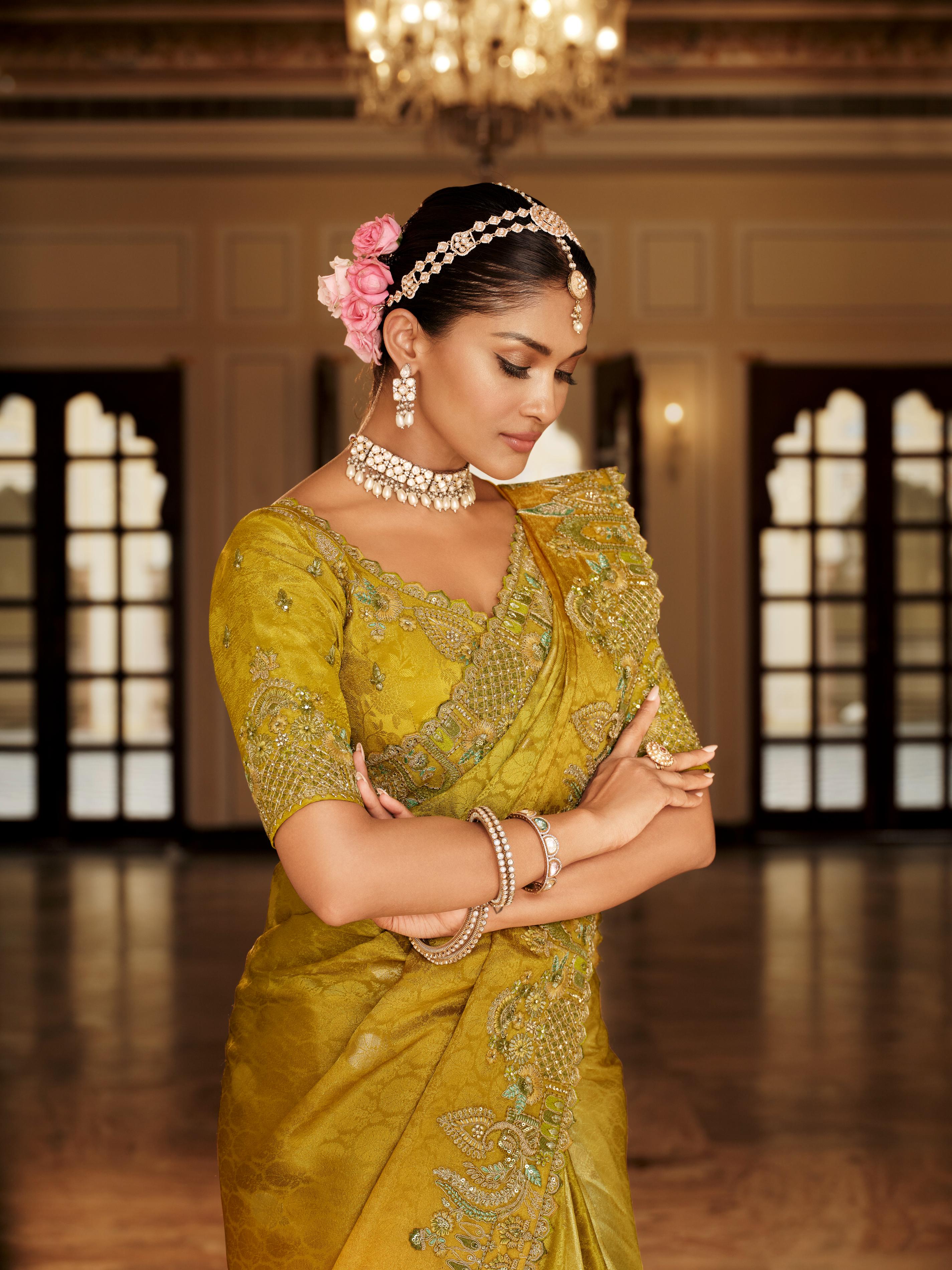 Traditional Yellow Premium Fabric Saree with Embroidery and Patchwork