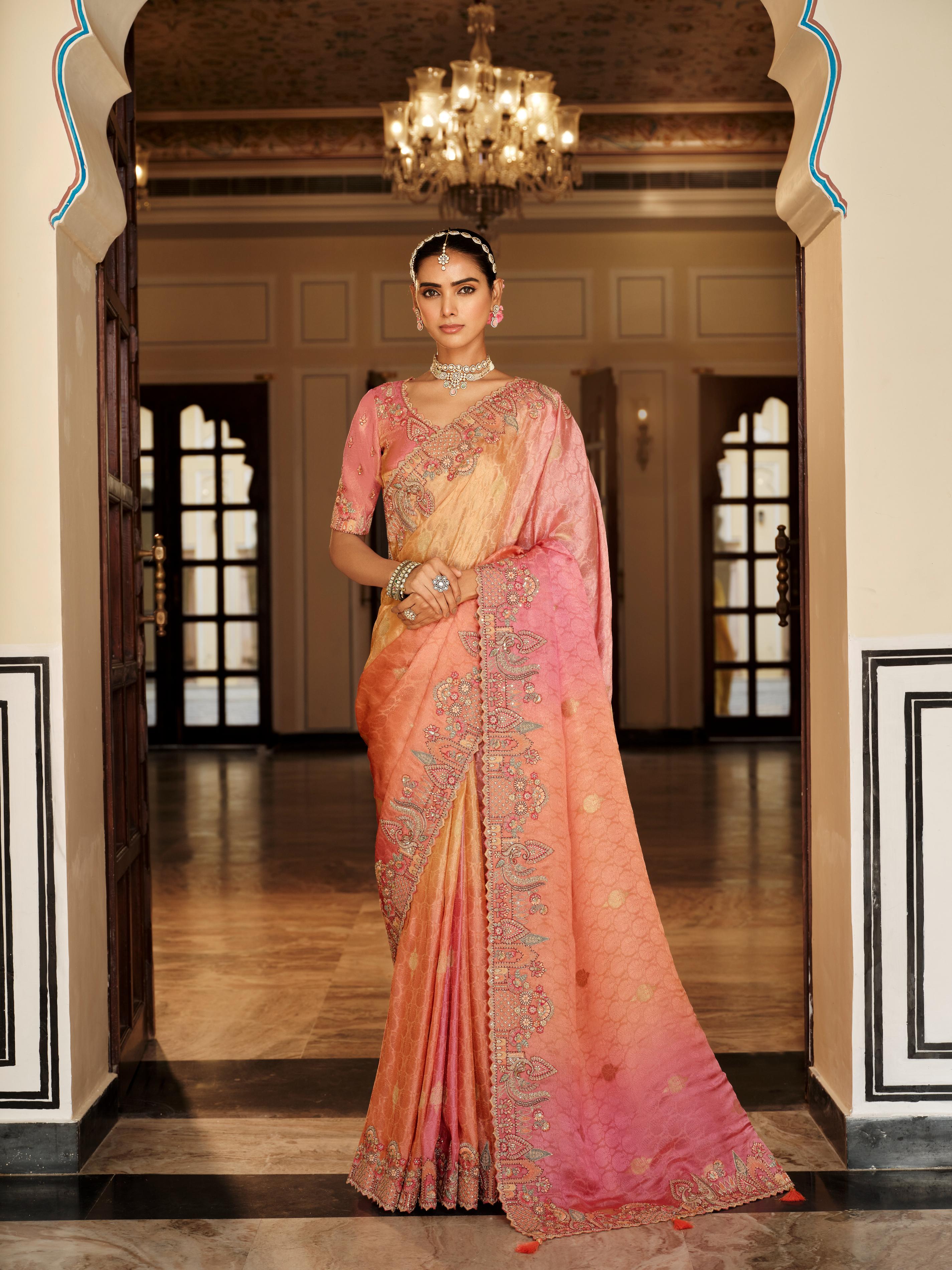 Traditional Peach Pink Premium Fabric Saree with Embroidery and Patchwork