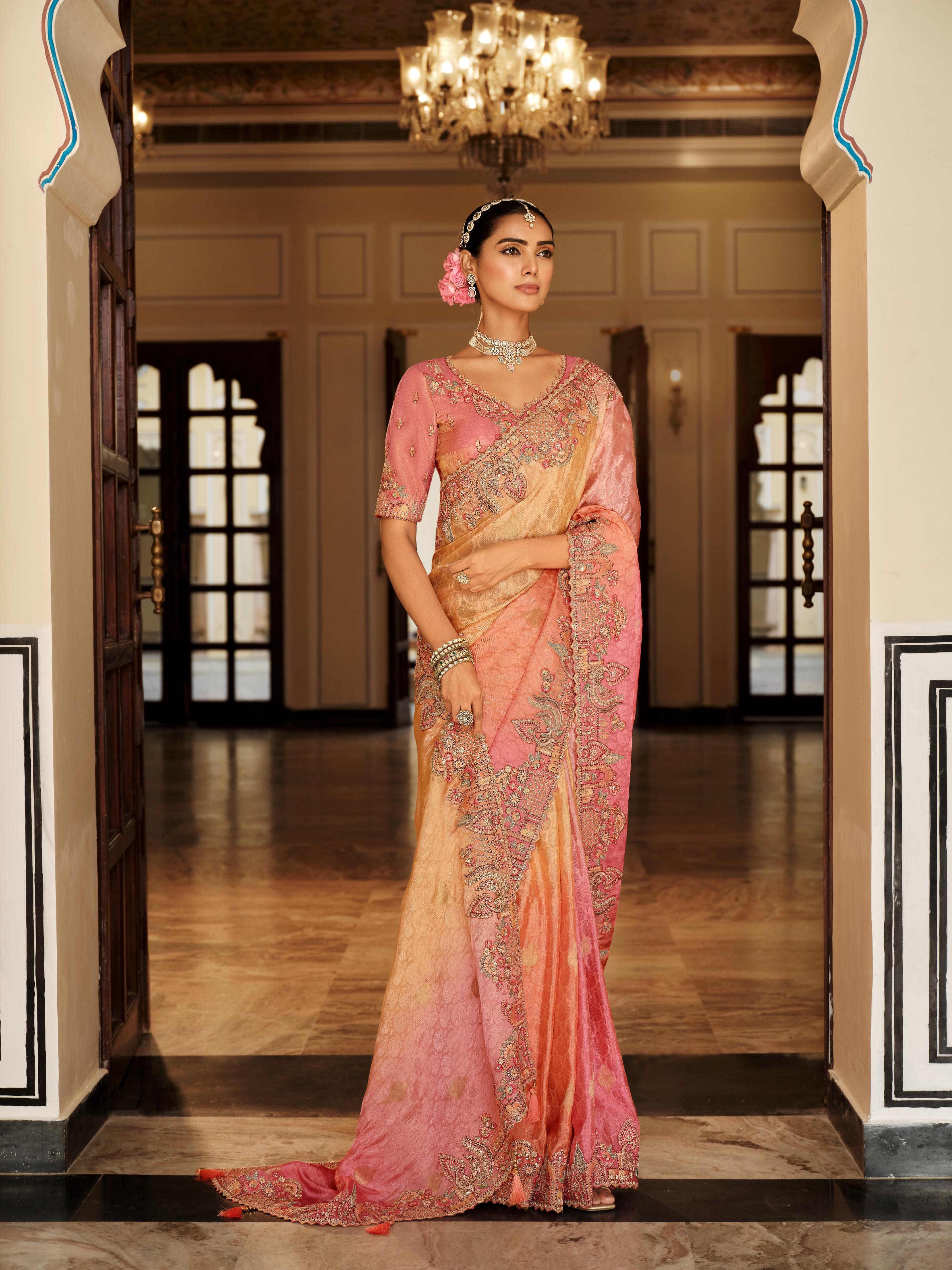 Traditional Peach Pink Premium Fabric Saree with Embroidery and Patchwork