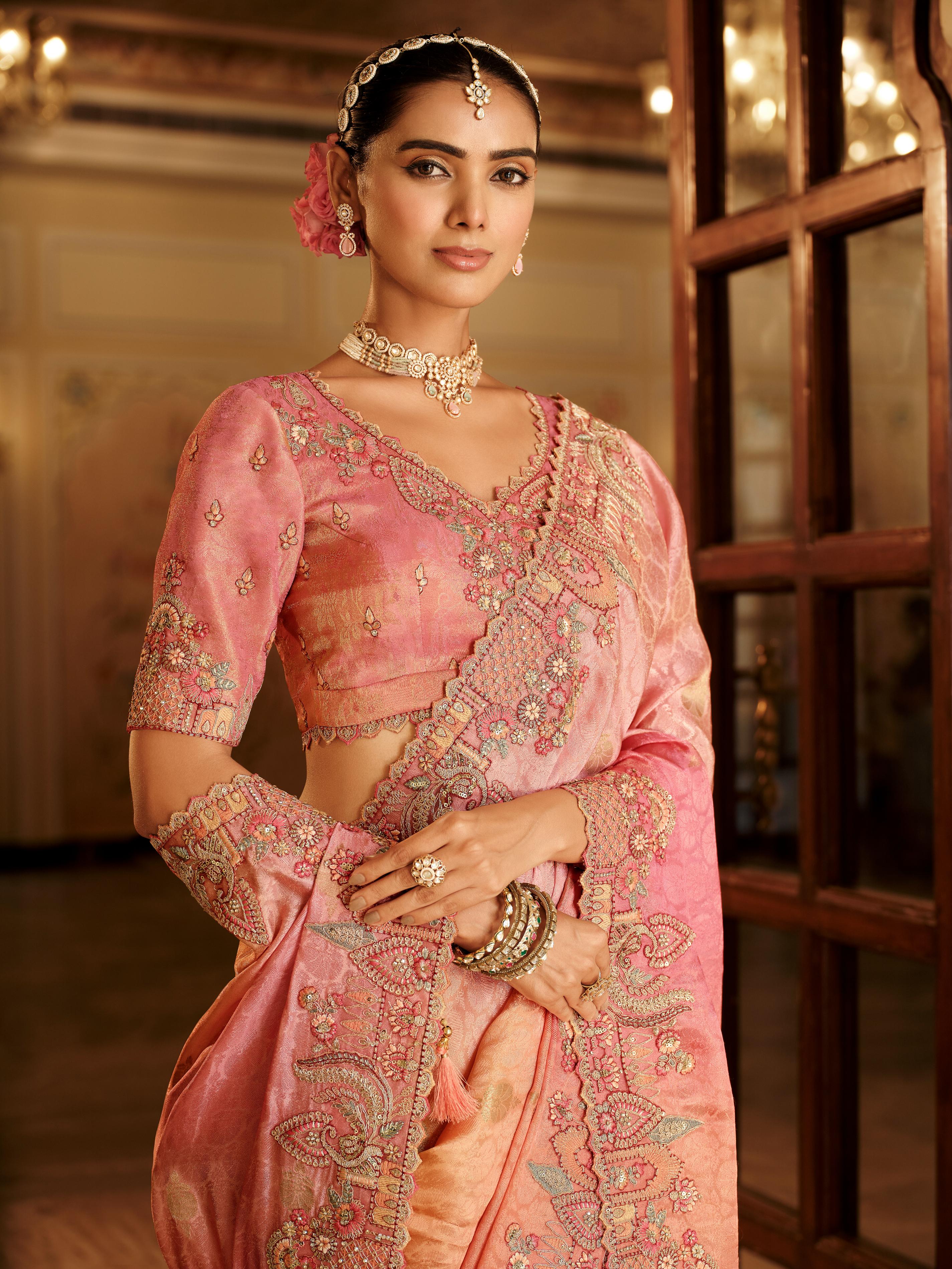 Traditional Peach Pink Premium Fabric Saree with Embroidery and Patchwork