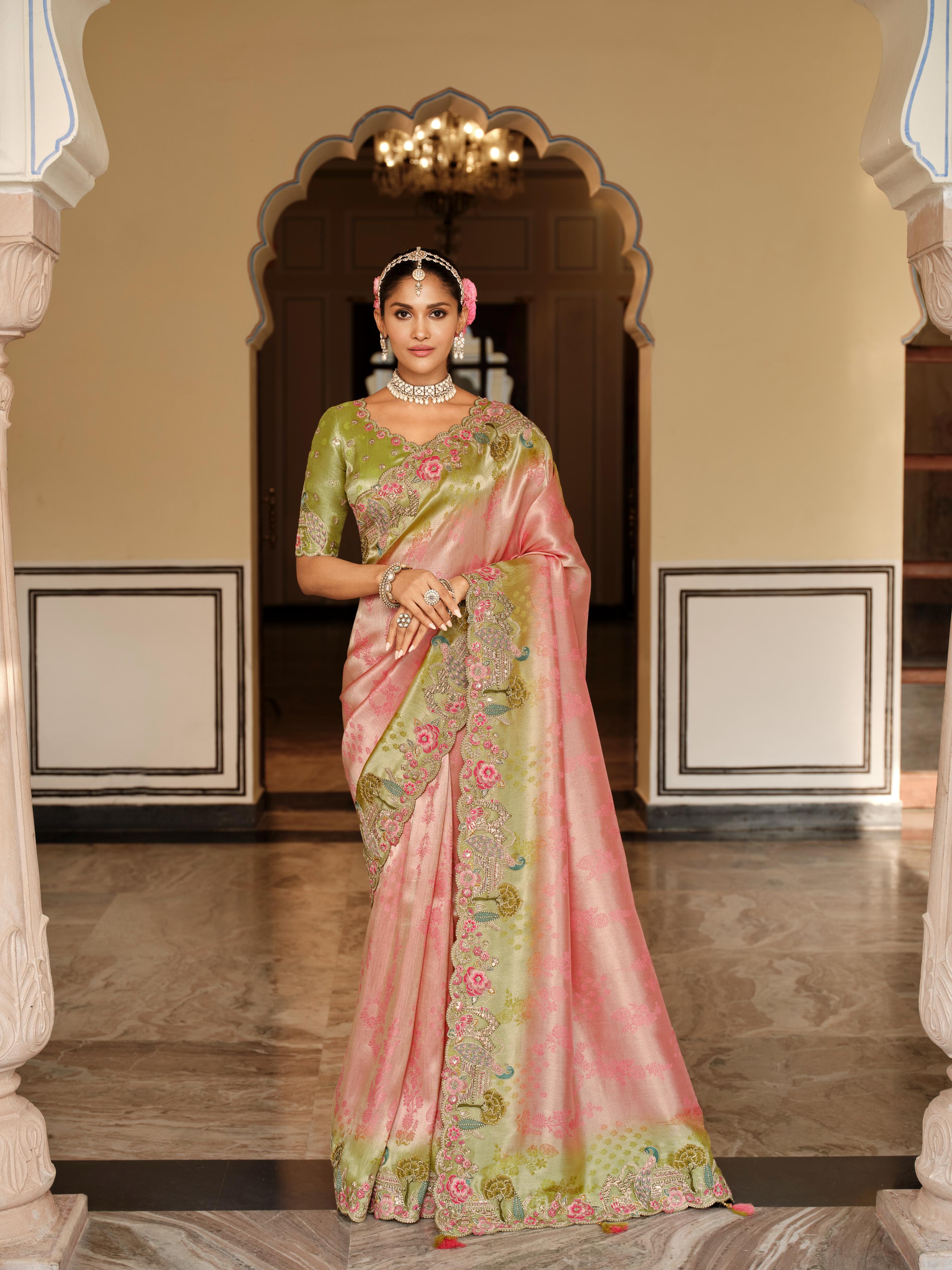 Traditional Pink Green Premium Fabric Saree with Embroidery and Patchwork