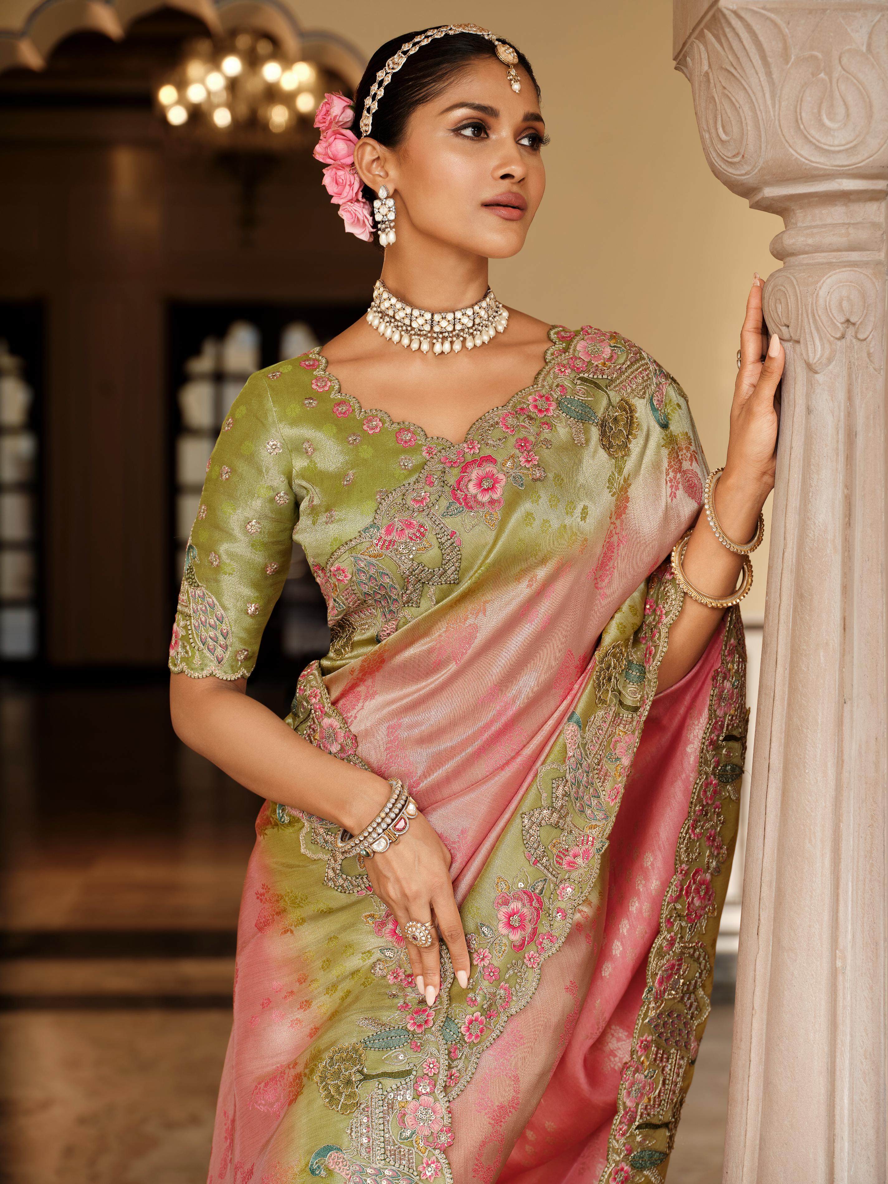 Traditional Pink Green Premium Fabric Saree with Embroidery and Patchwork