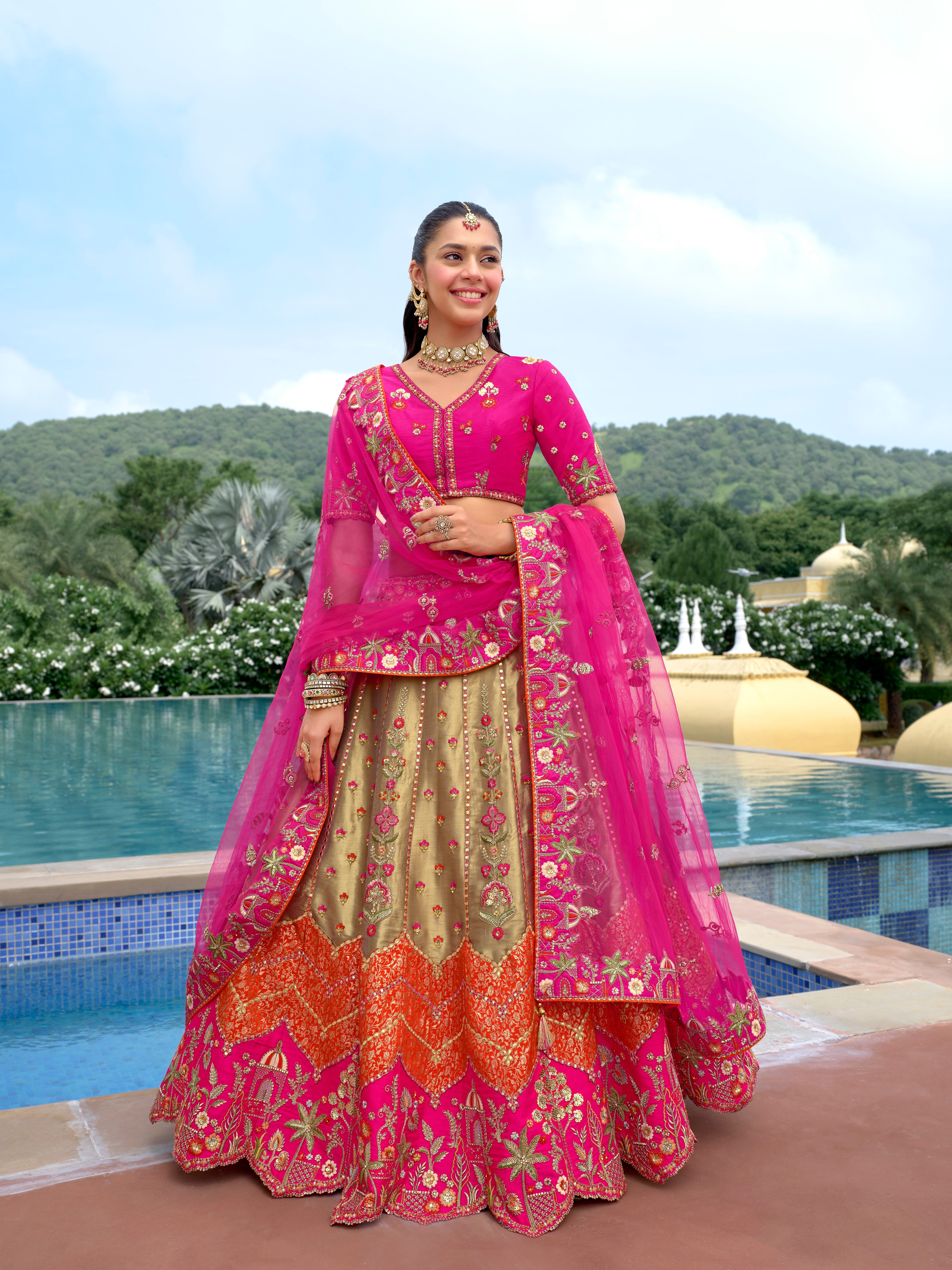 Rani Pink & Cream Embellished Tissue Silk Lehenga Set