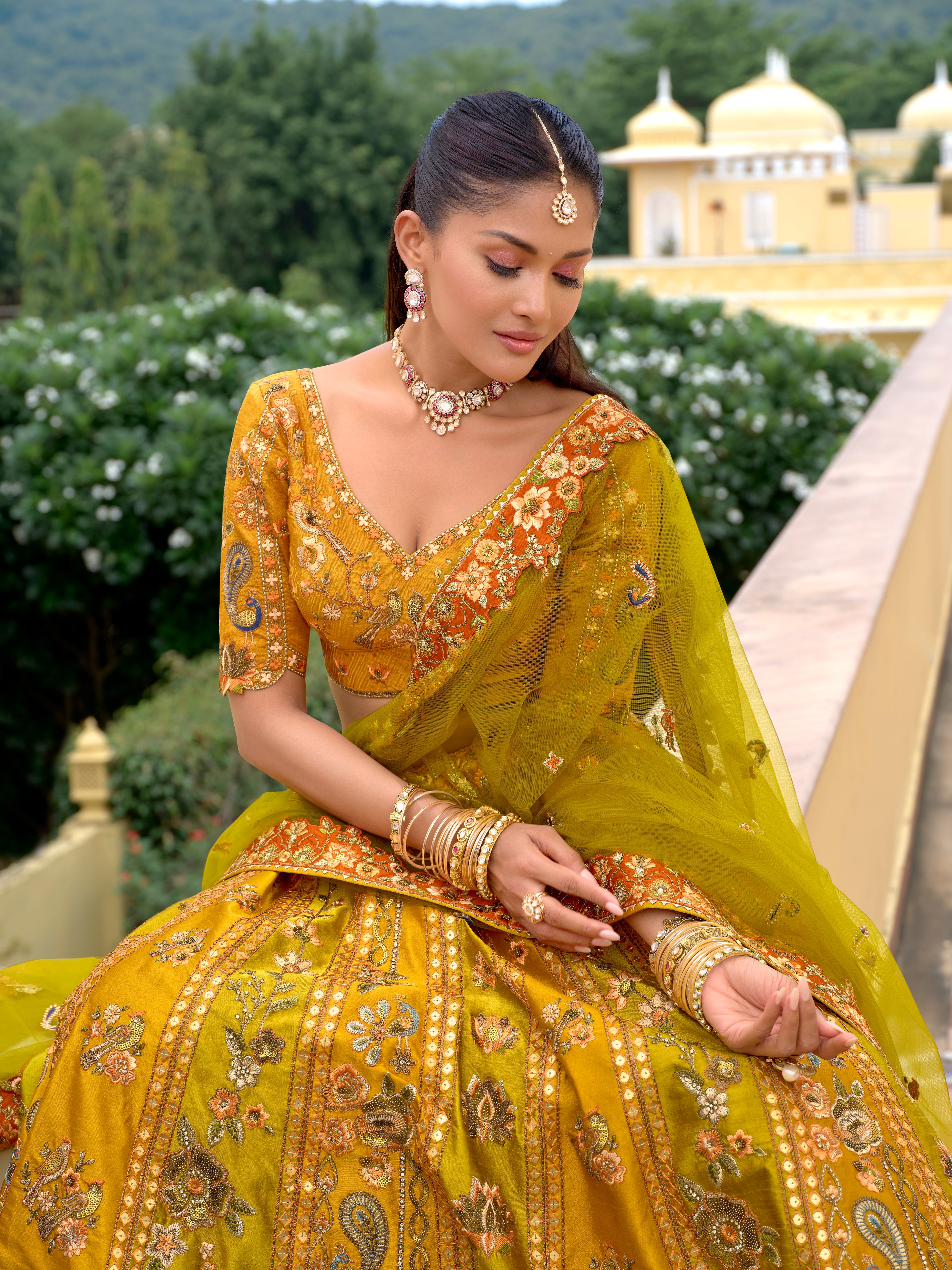 Elegant Mustard Yellow Embroidered Pure Viscose Satin Lehenga Set