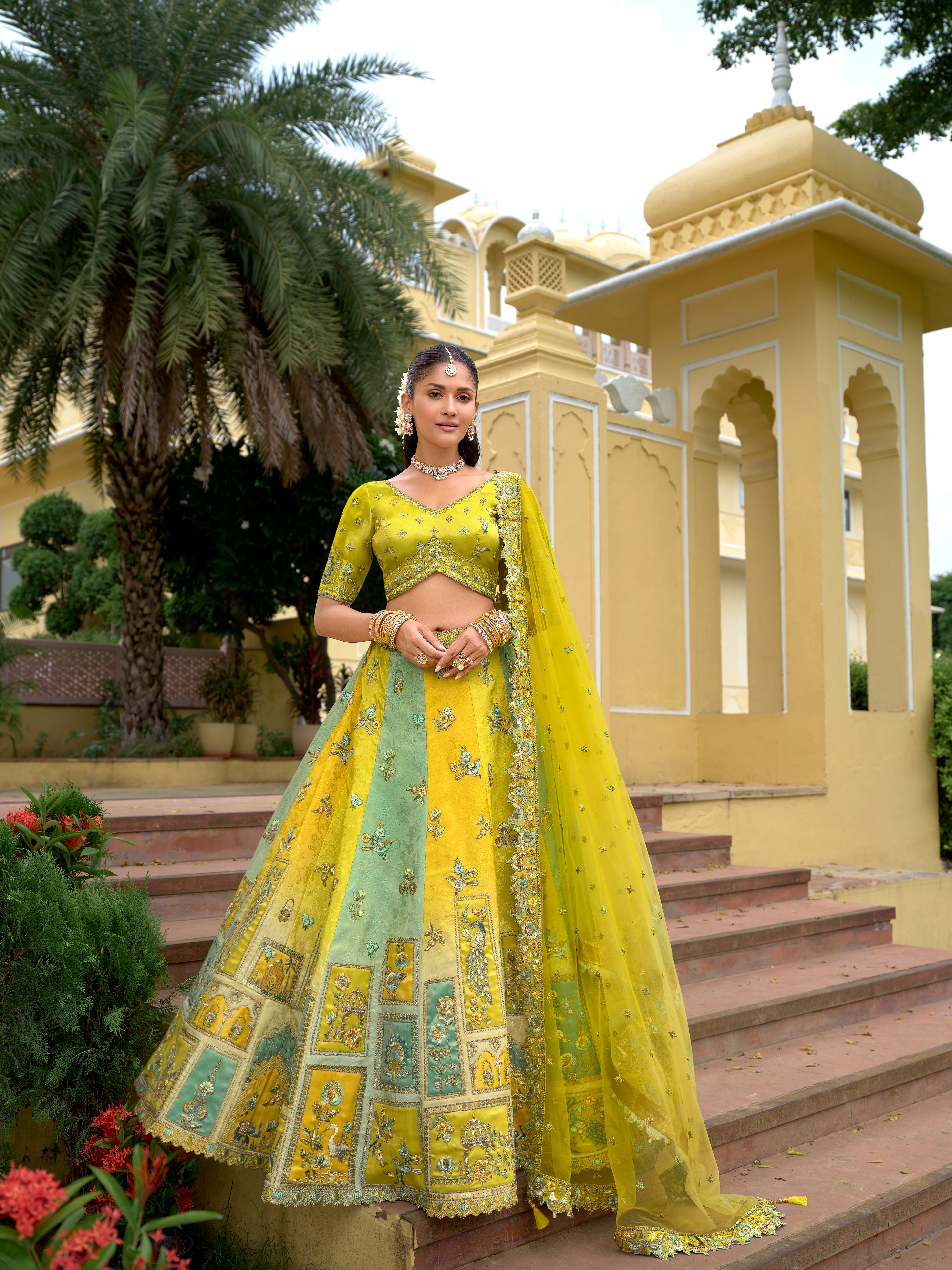 Mustard Yellow & Green Embellished Tissue Silk Lehenga Set