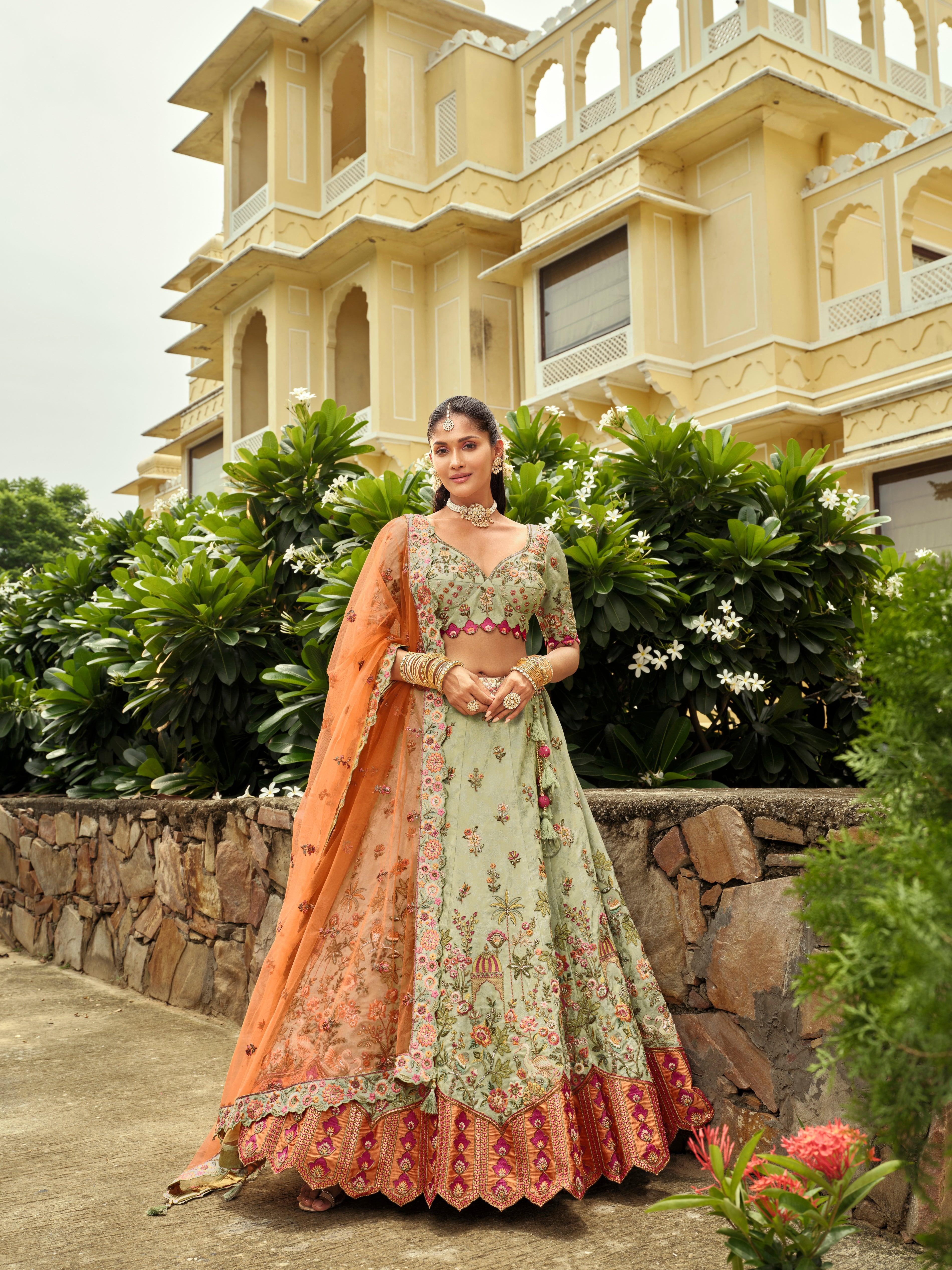 Sage Green  Embellished Premium Silk Lehenga Set