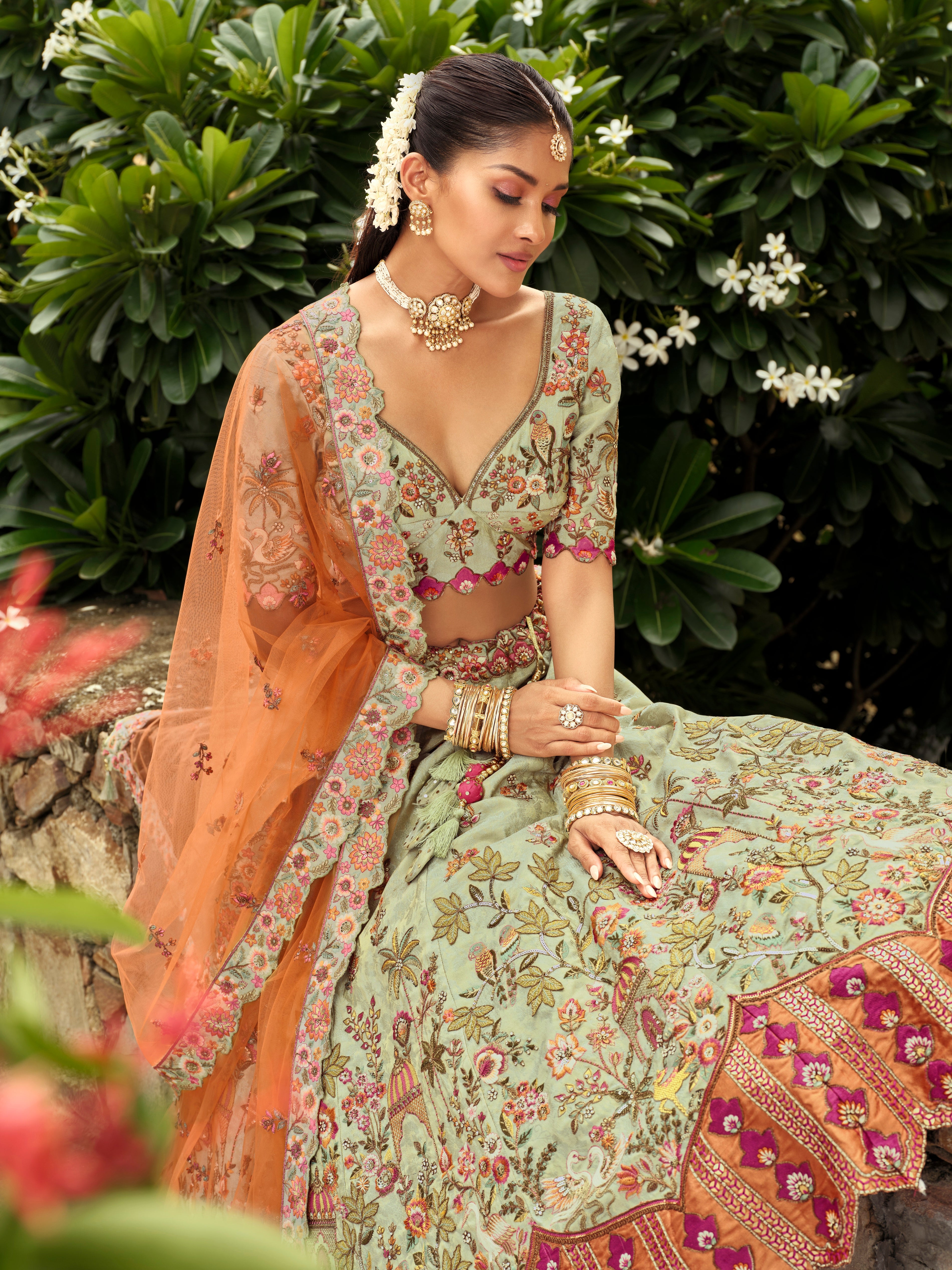 Sage Green  Embellished Premium Silk Lehenga Set