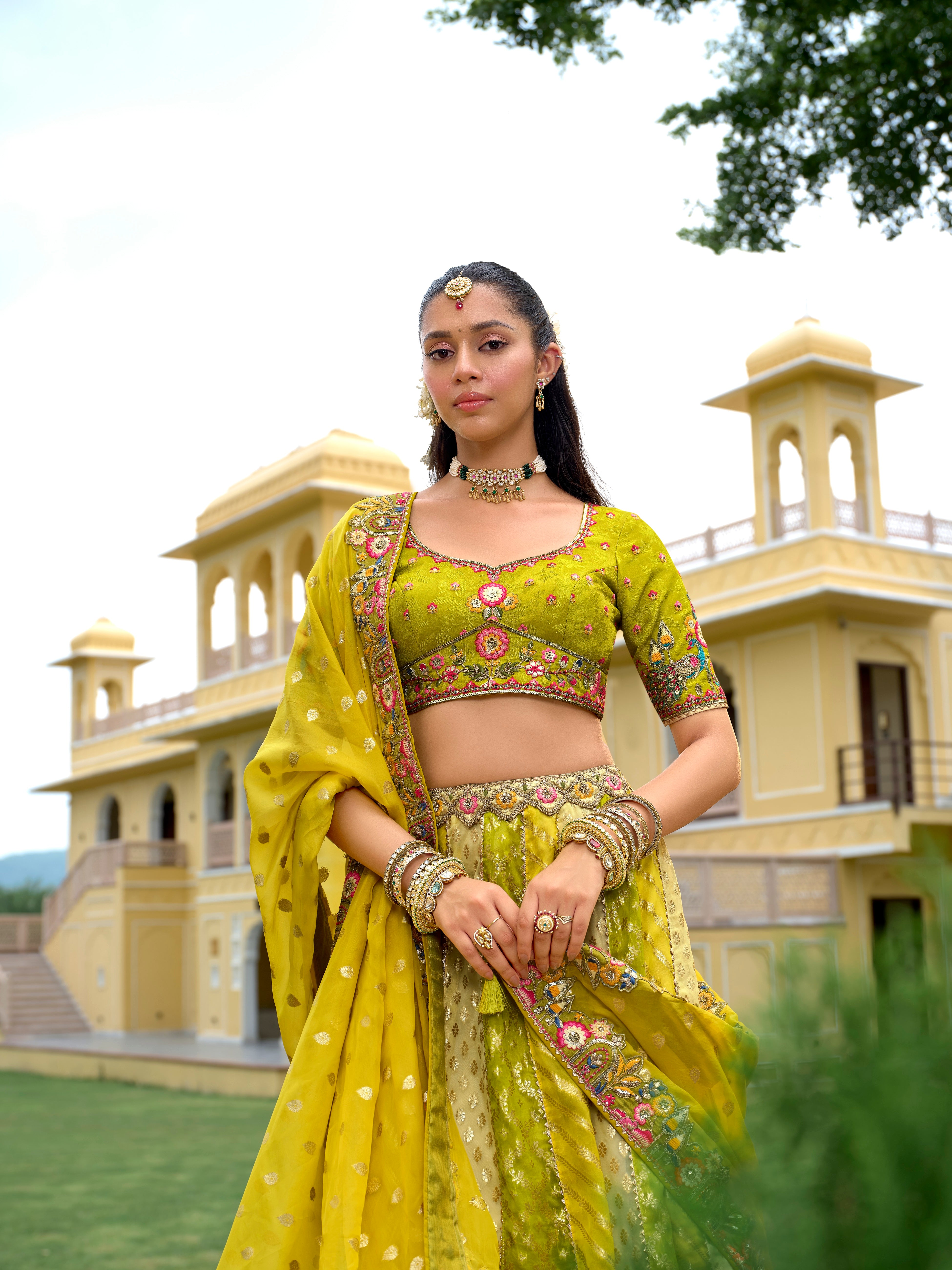 Light Gold & Lime Green Embellished Organza Silk Lehenga Set