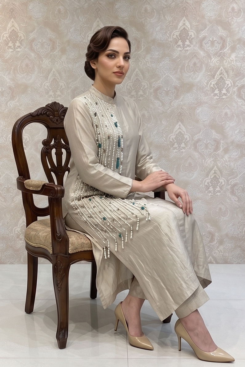 Silver Beige Embellished Shimmer Tissue Silk Co-ord Set