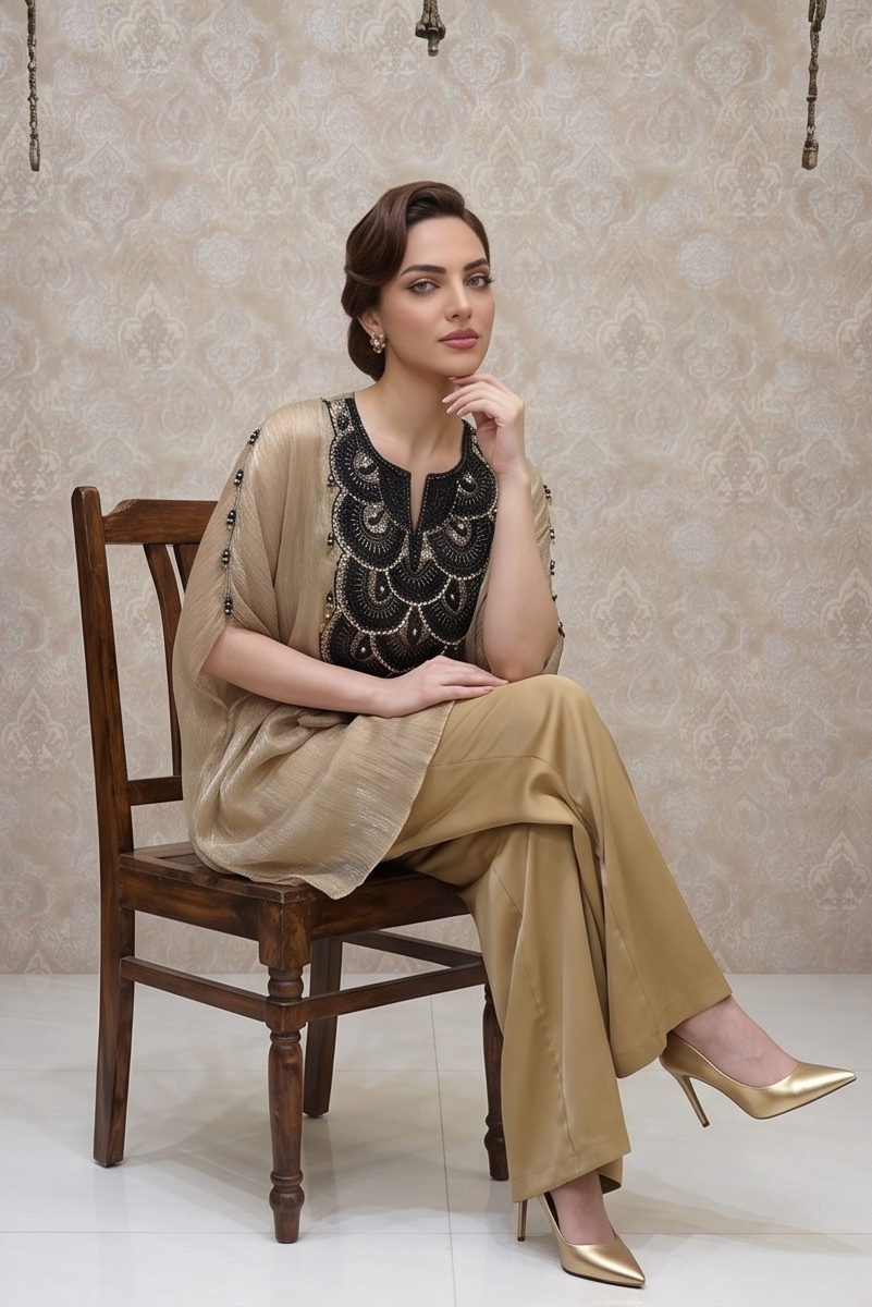 Metallic Beige Embellished Tissue Silk Palazzo Set