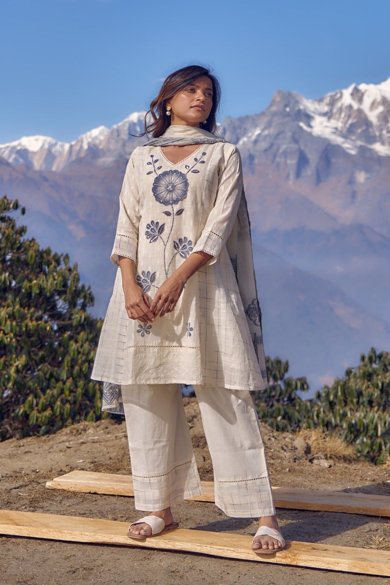 Off-White Embellished Chanderi Silk Pant Set