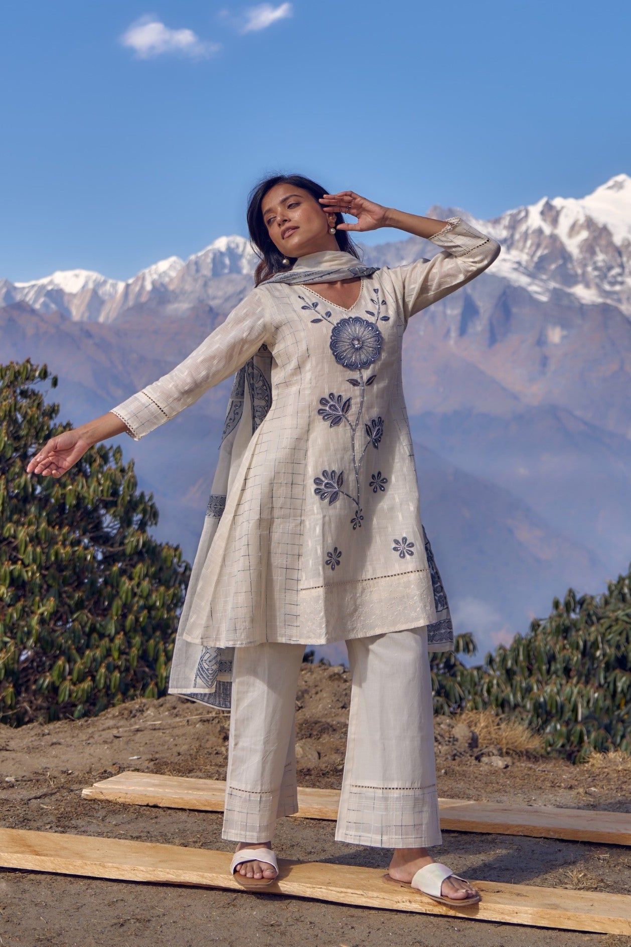 Off-White Embellished Chanderi Silk Pant Set