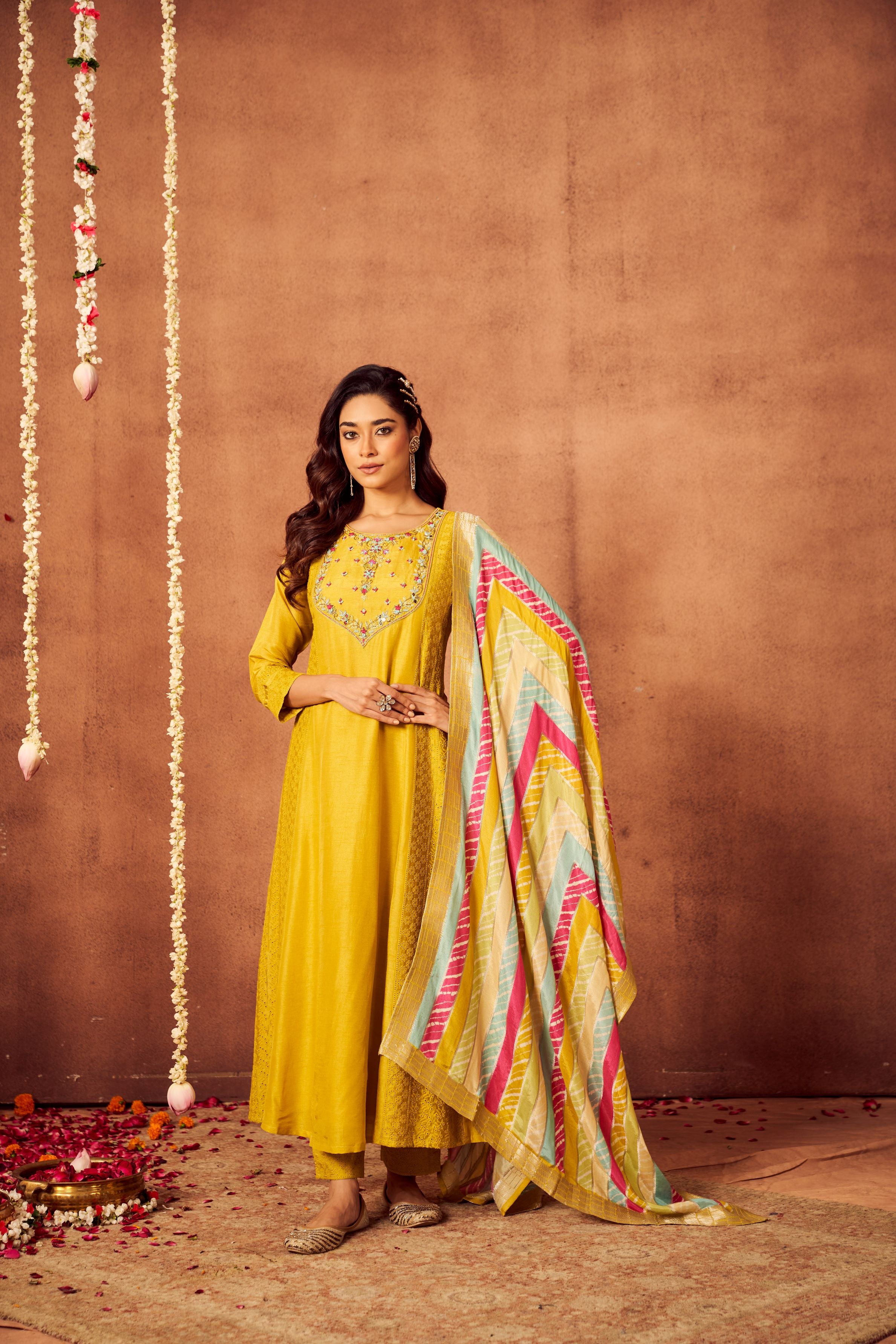 Festive Yellow Embroidered Raw Silk Anarkali Set