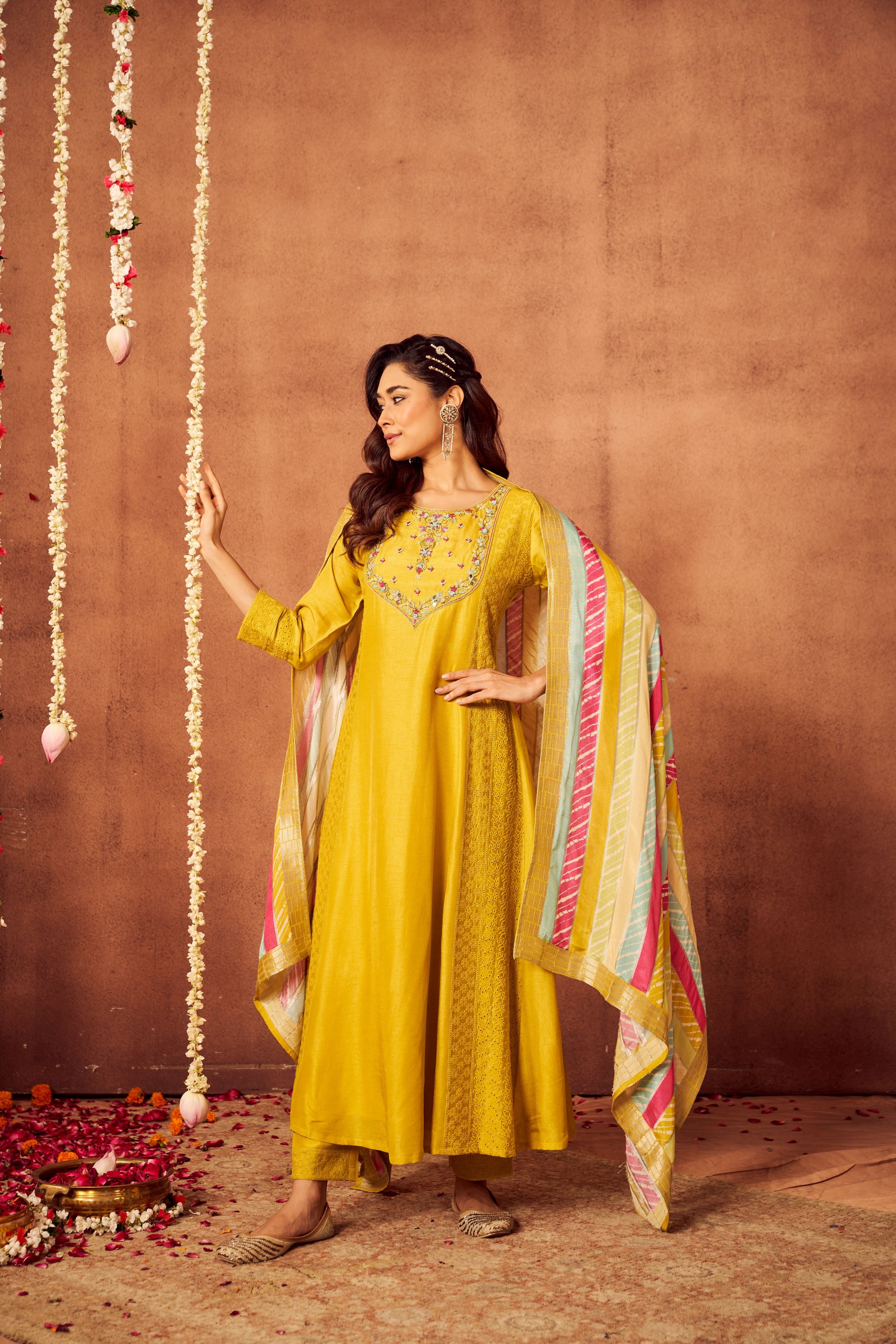 Festive Yellow Embroidered Raw Silk Anarkali Set