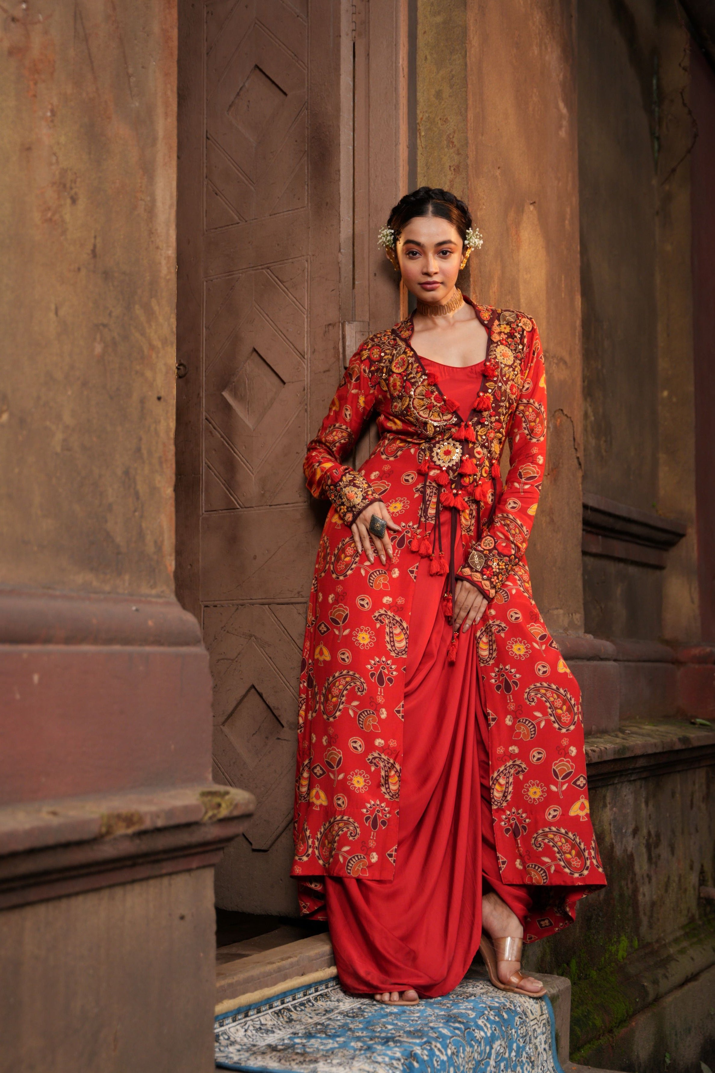 Cherry Red Premium Silk Draped Cape Dress