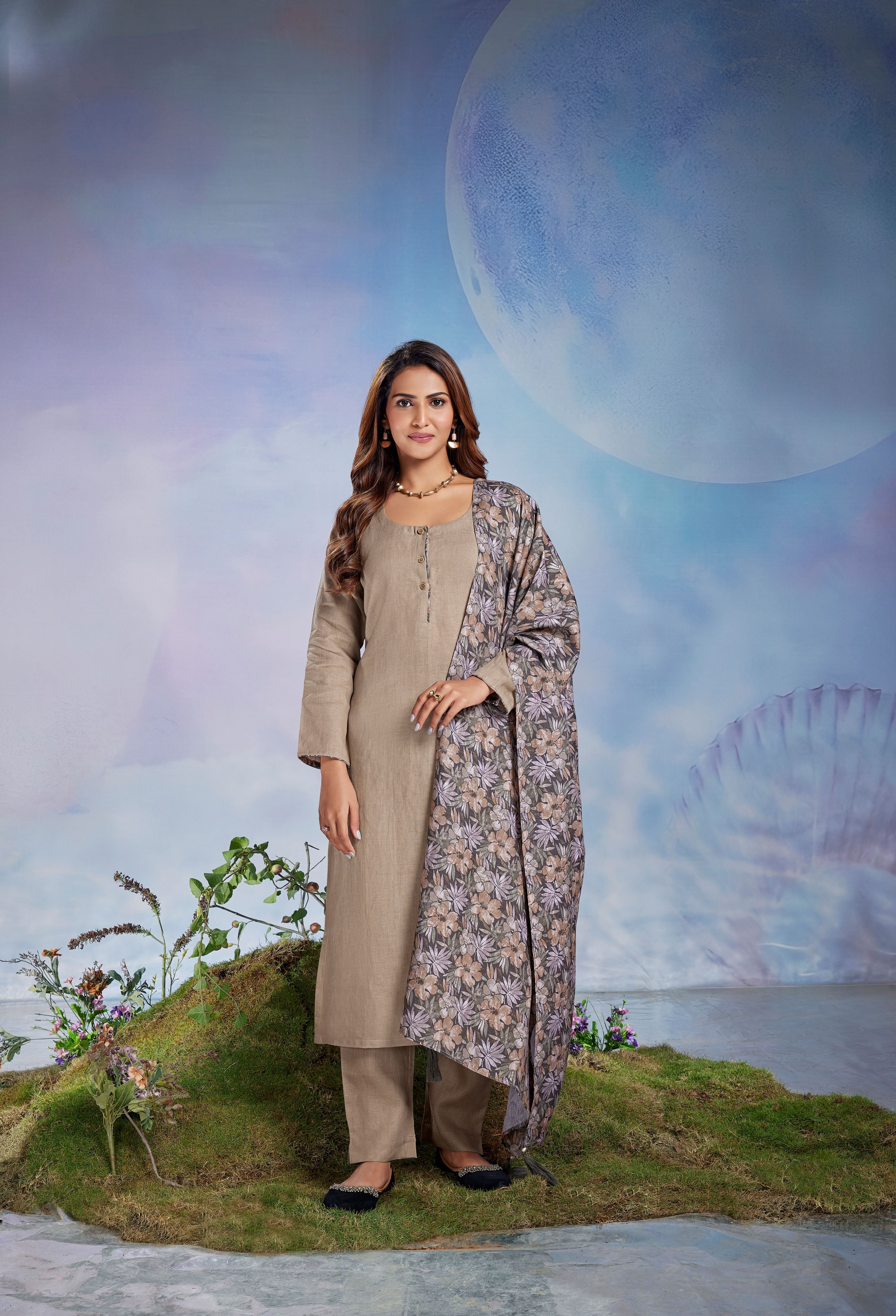 Taupe Twilight Printed Linen Pant Set