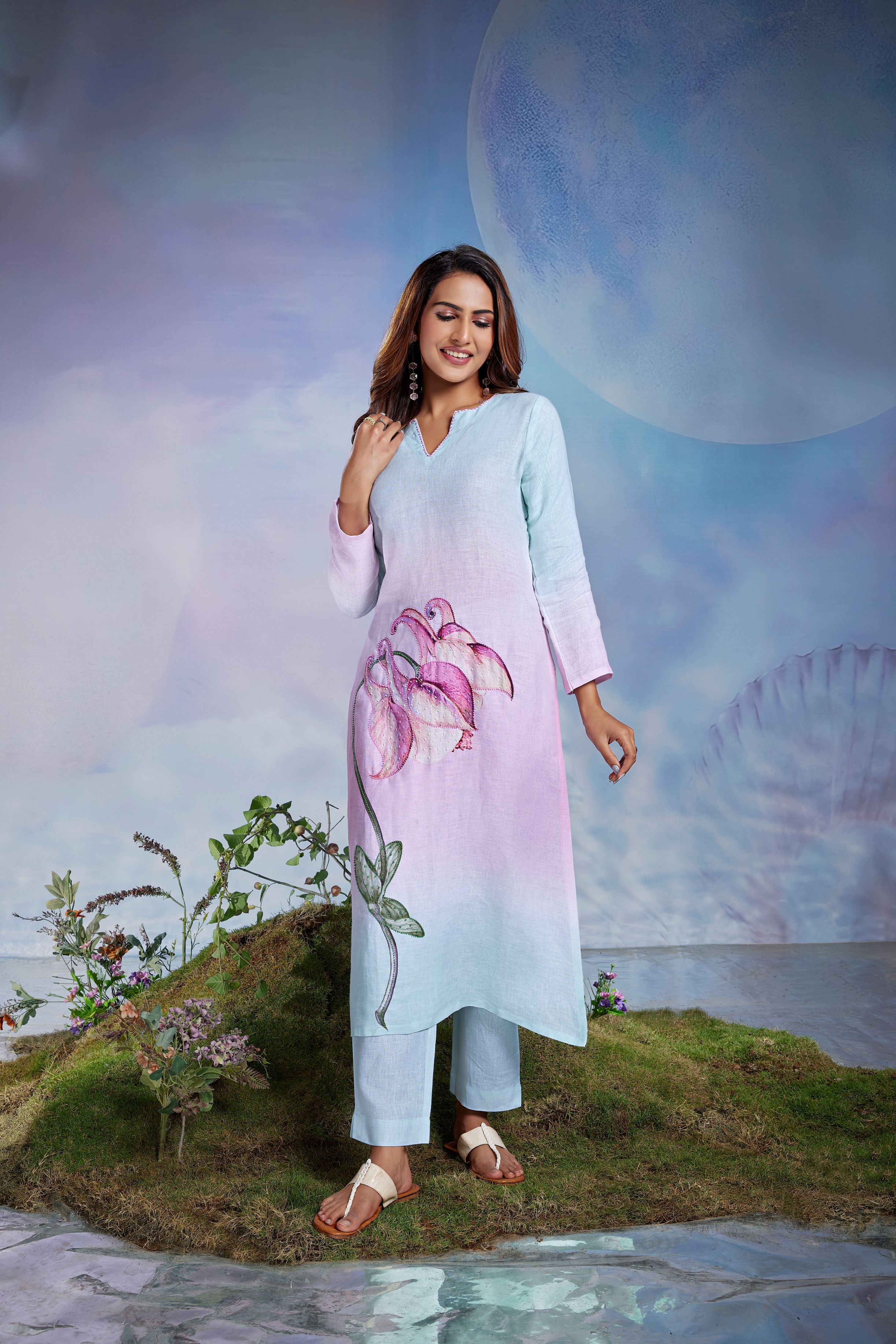 Sky Blush Embellished Linen Pant Set