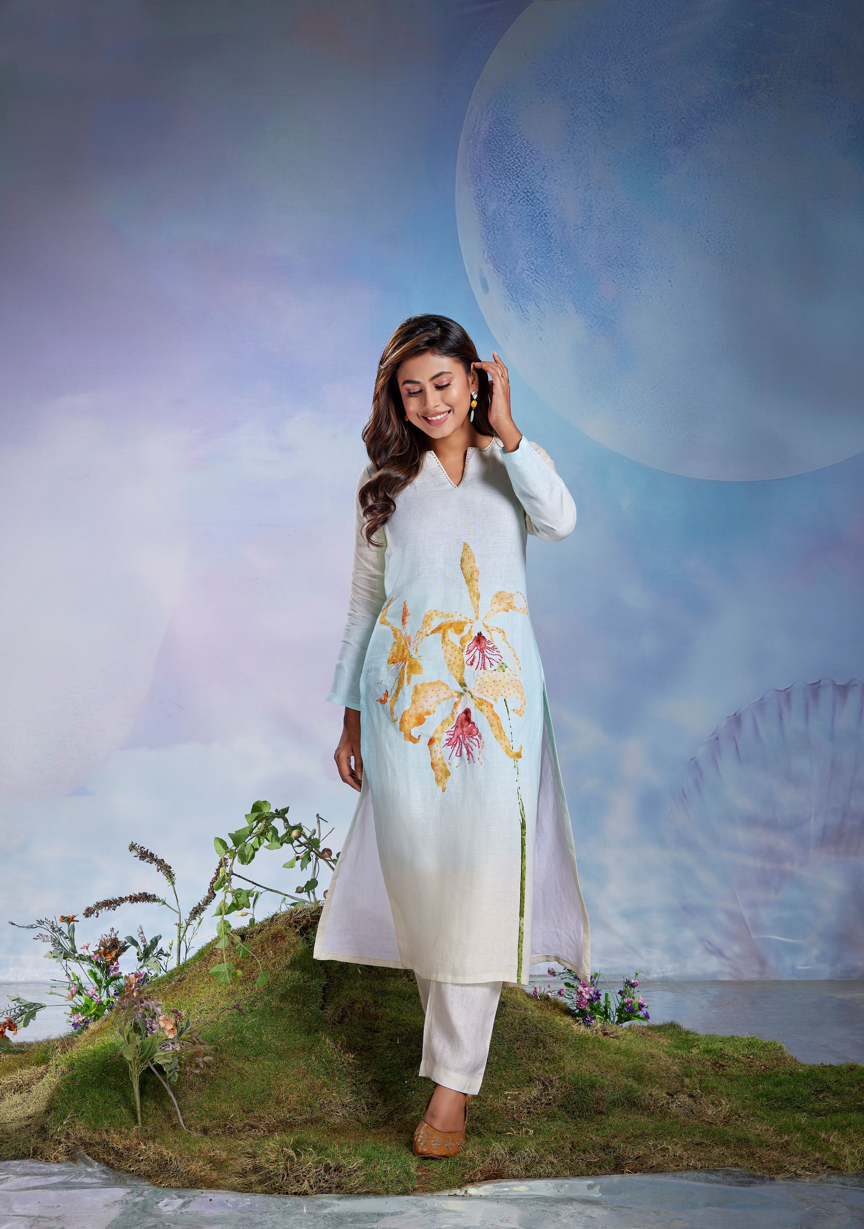 Seafoam Orchid Embellished Linen Pant Set