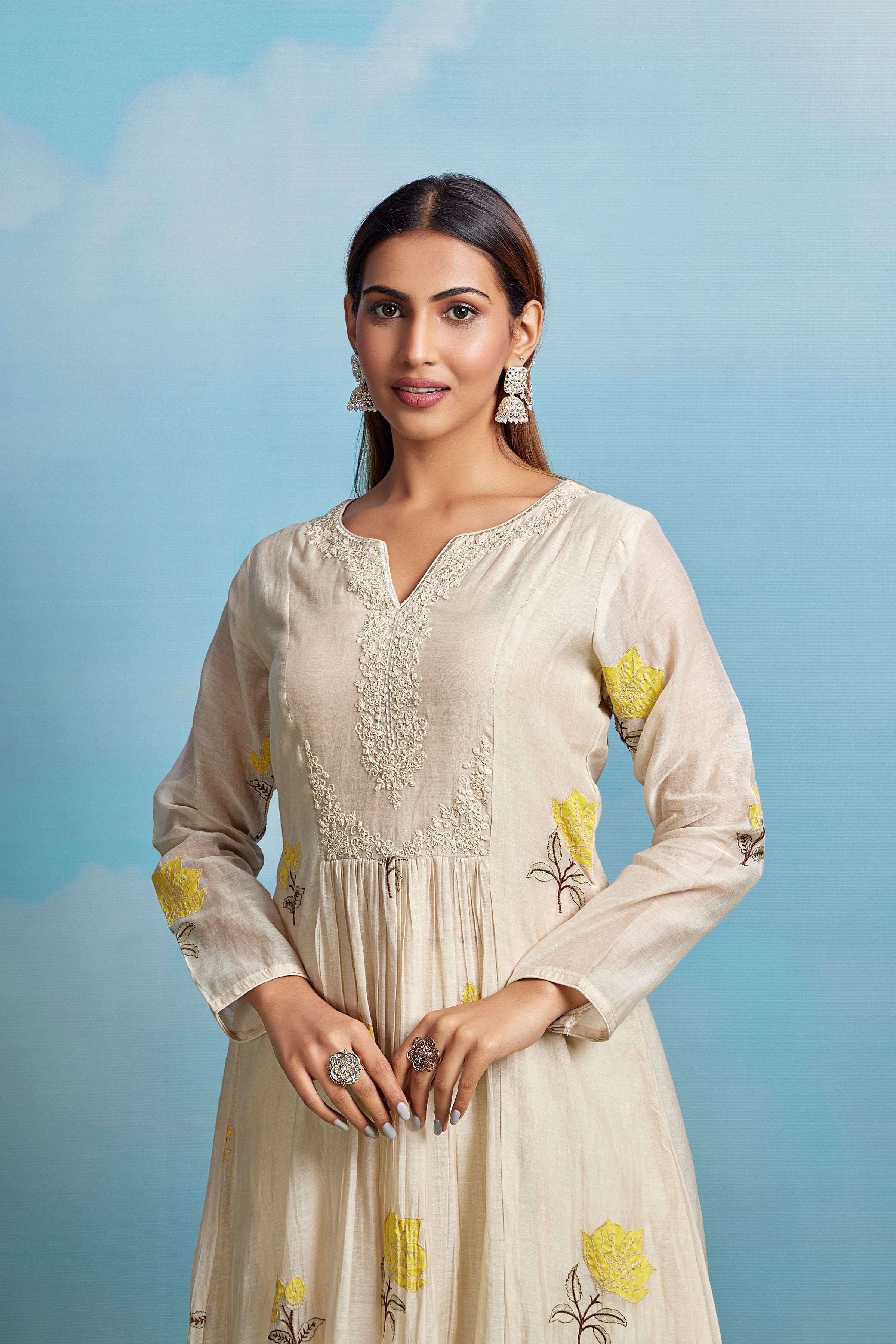 Champagne Gardenia Embroidered Chanderi Silk Pant Set
