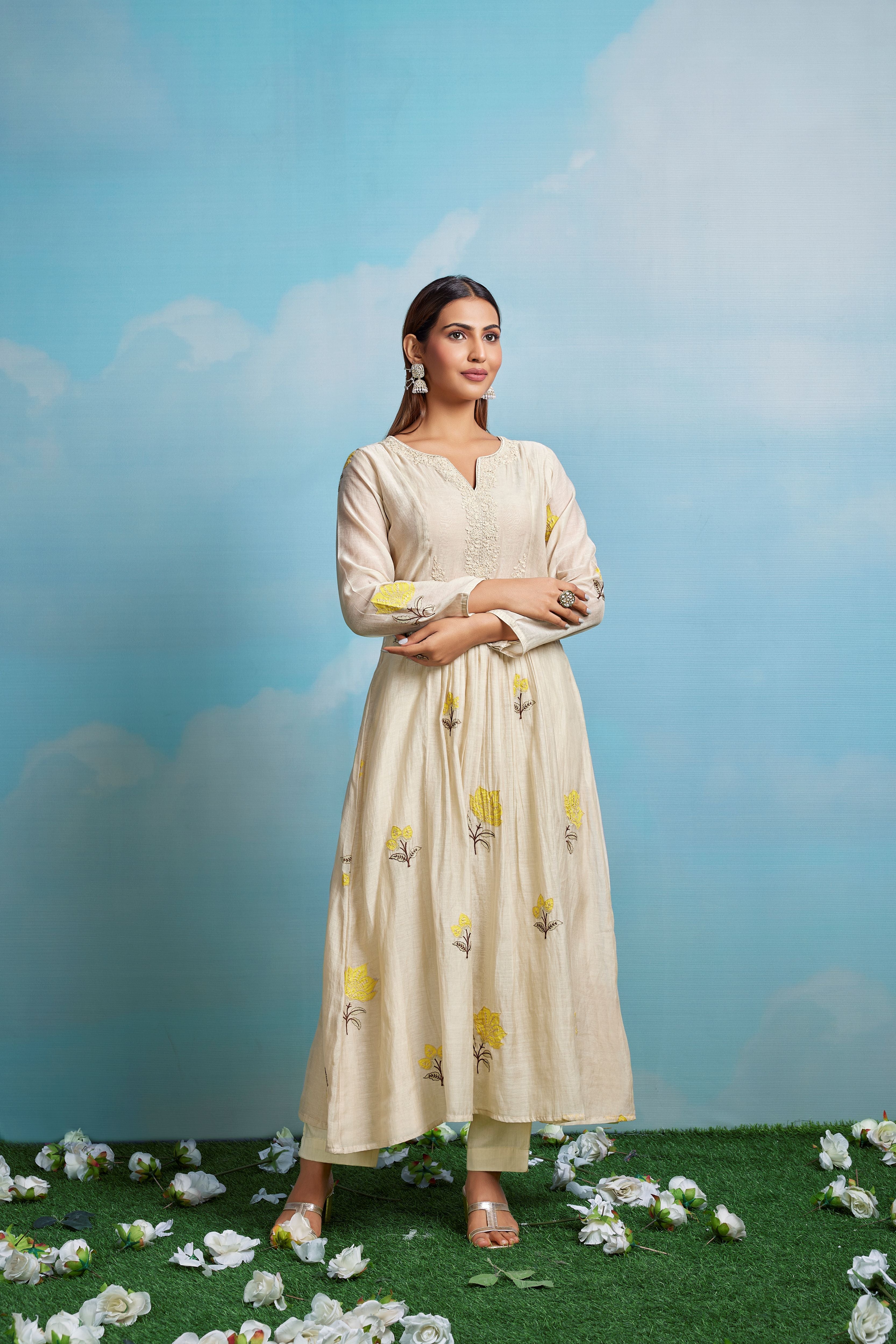 Champagne Gardenia Embroidered Chanderi Silk Pant Set