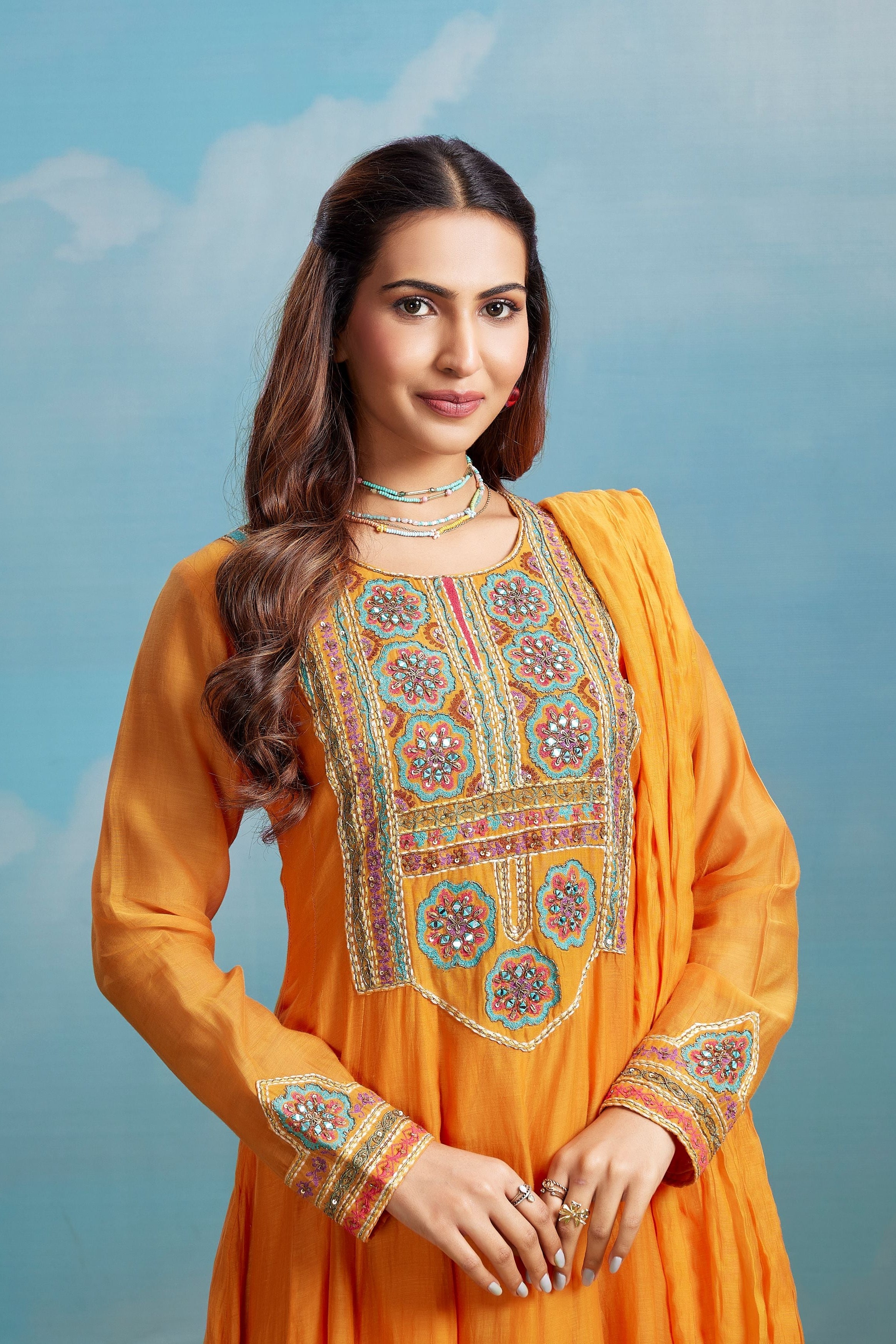 Marigold Mosaic Embroidered Chanderi Silk Anarkali Set