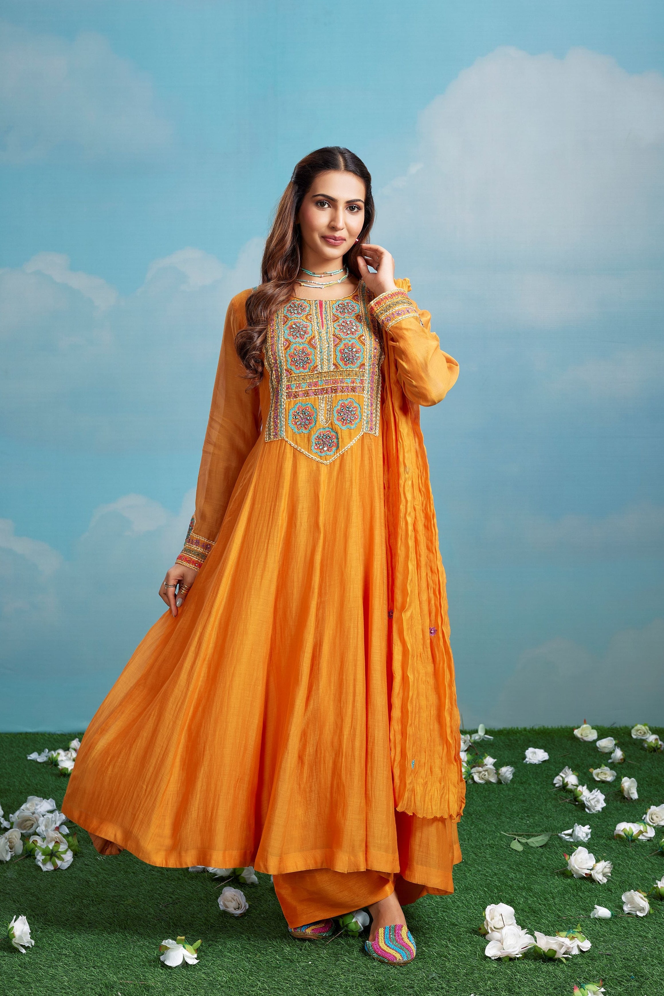 Marigold Mosaic Embroidered Chanderi Silk Anarkali Set
