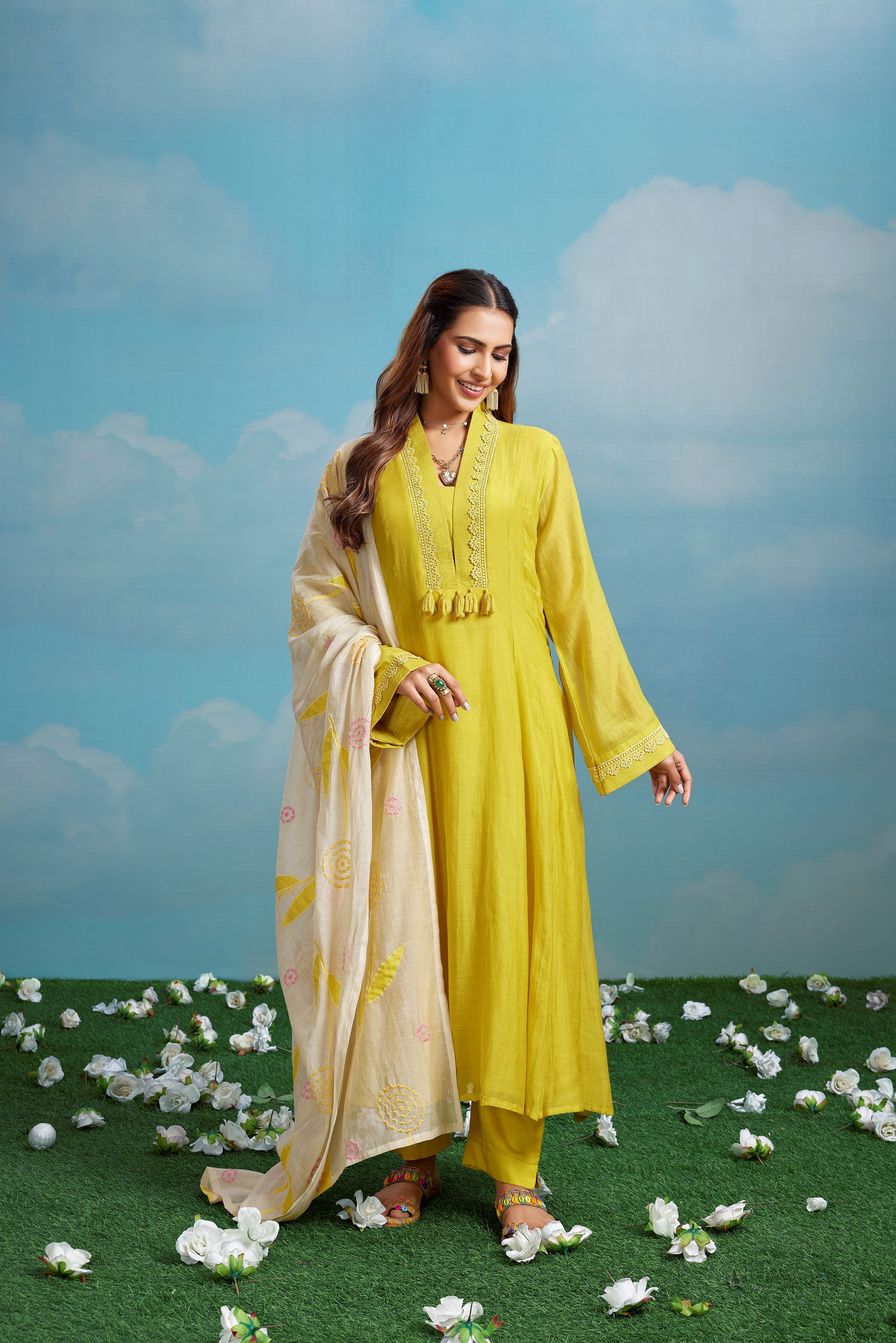 Citrine Yellow Embroidered Chanderi Silk Anarkali Set