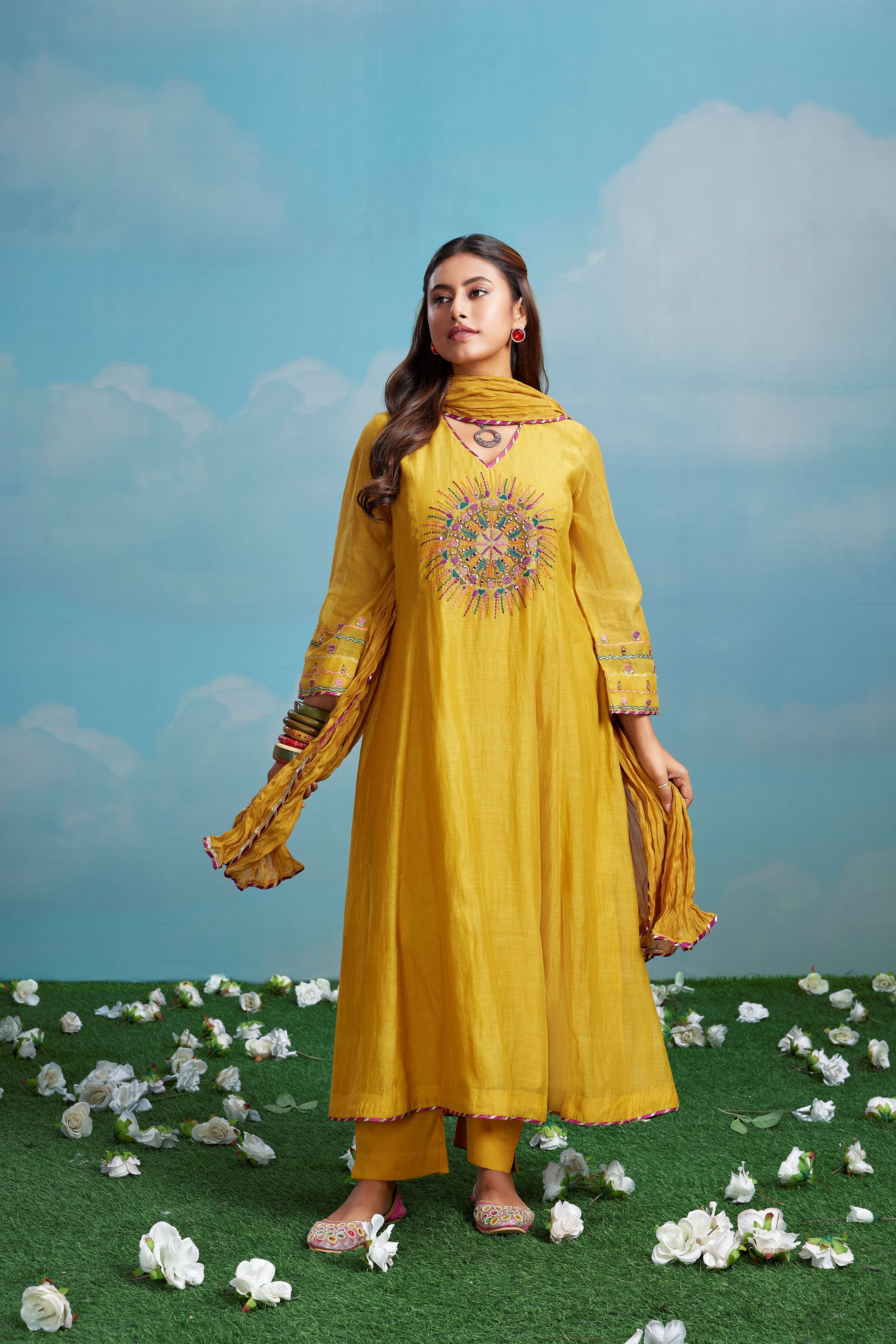 Mustard Sun Embroidered Chanderi Silk Anarkali Set