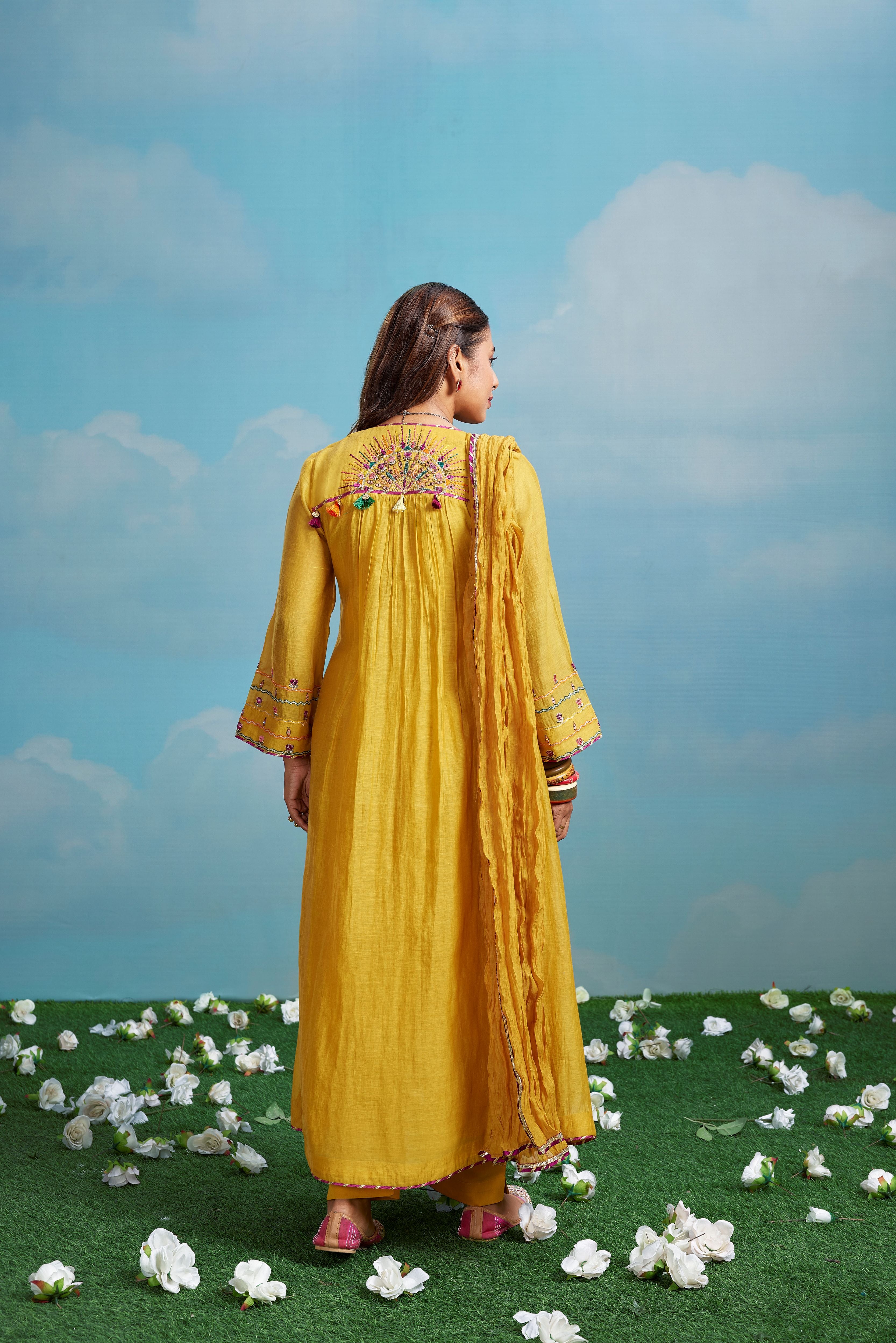 Mustard Sun Embroidered Chanderi Silk Anarkali Set