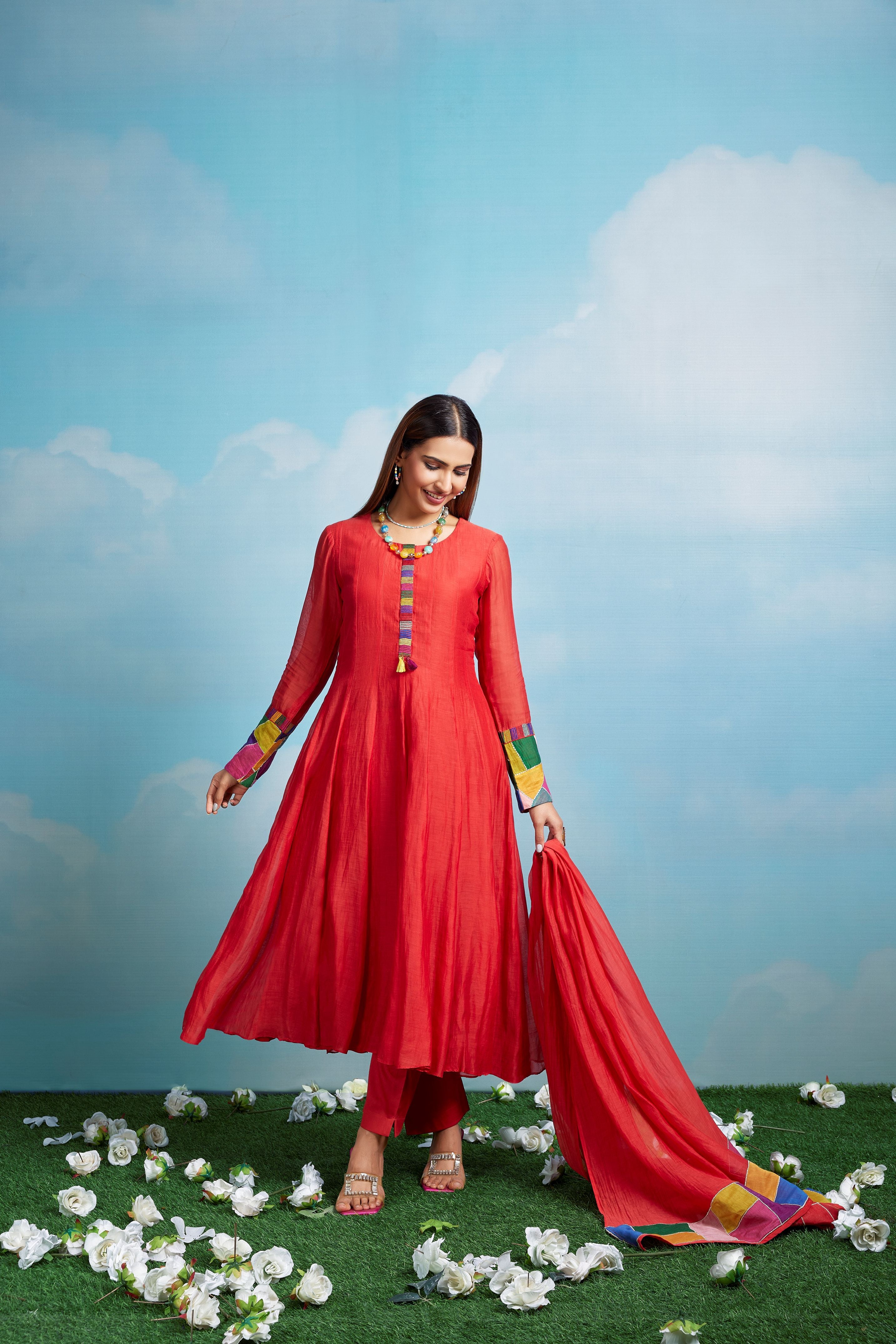 Crimson Crinkle Embroidered Chanderi Silk Anarkali Set