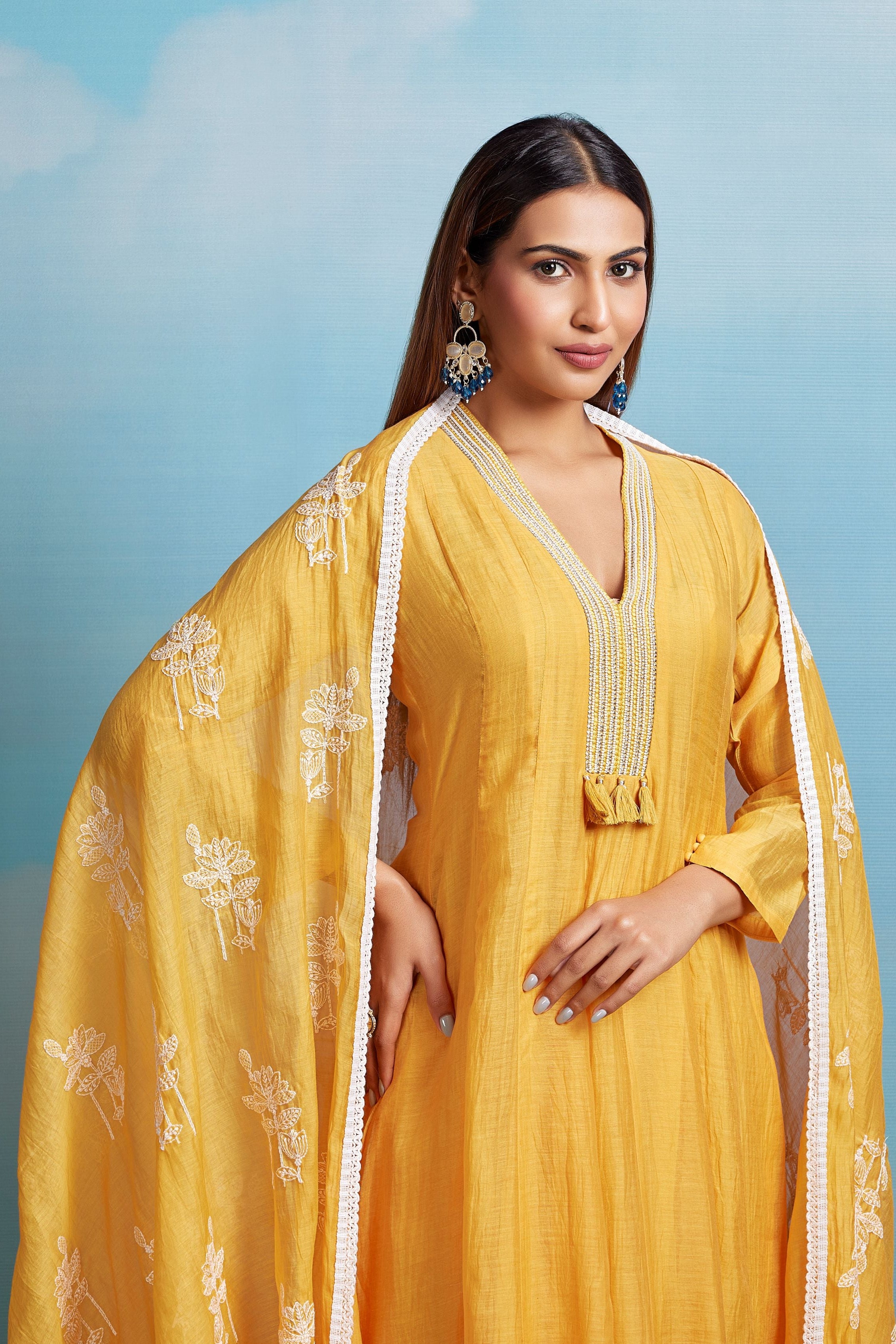 Mustard Glaze Embroidered Chanderi Silk Anarkali Set