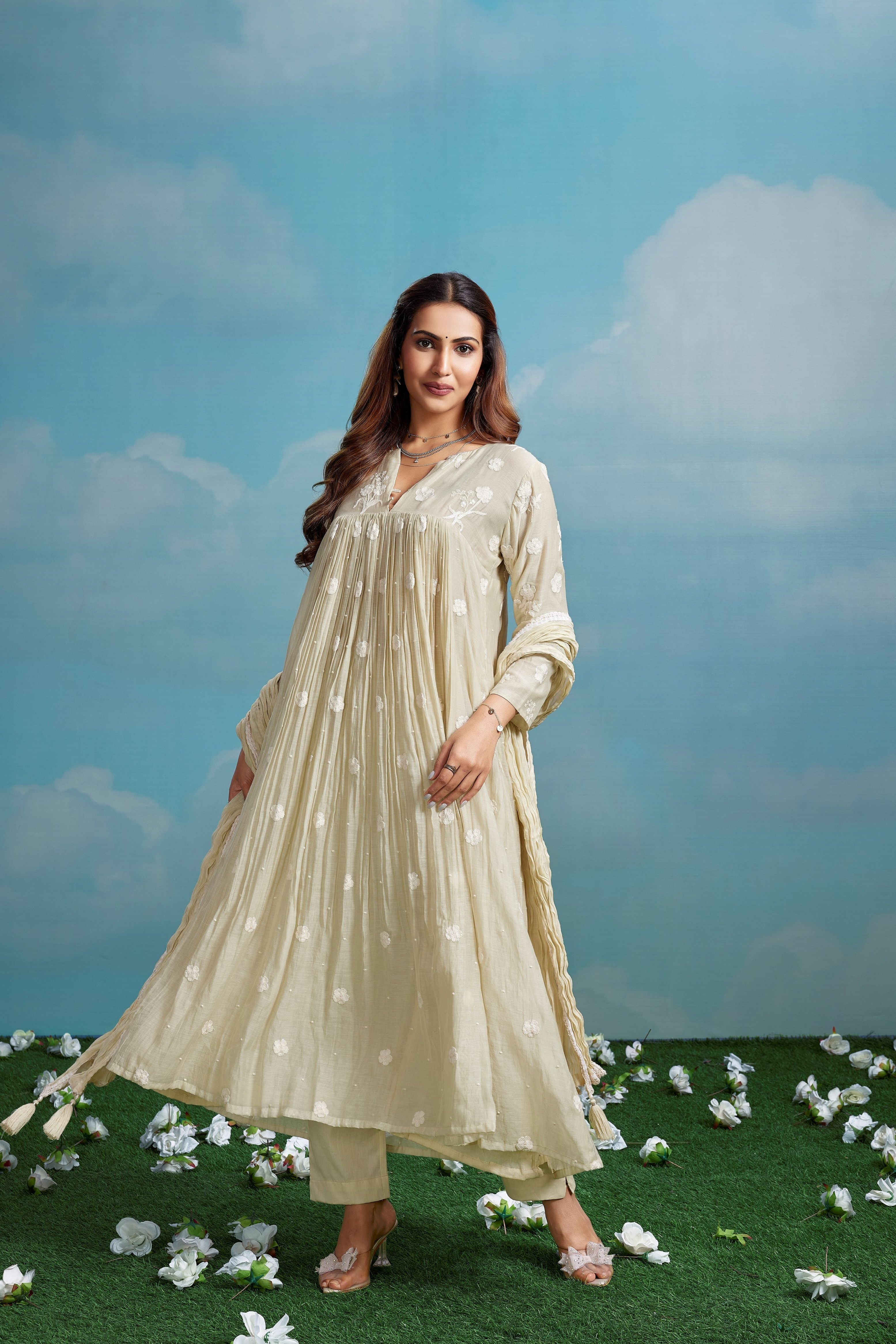 Champagne Petal Embroidered Chanderi Silk Anarkali Set