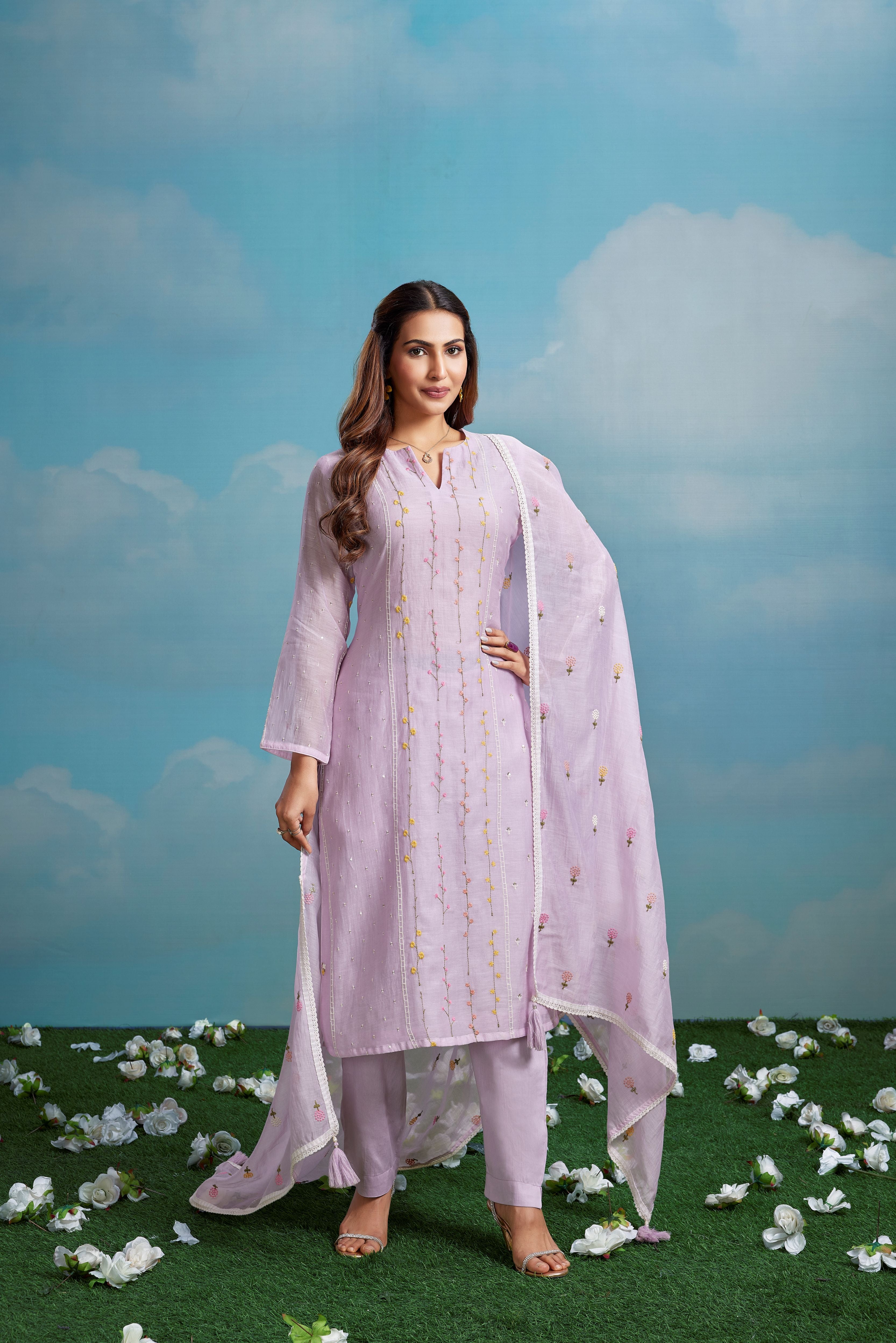 Lilac Meadow Embroidered Chanderi Silk Pant Set