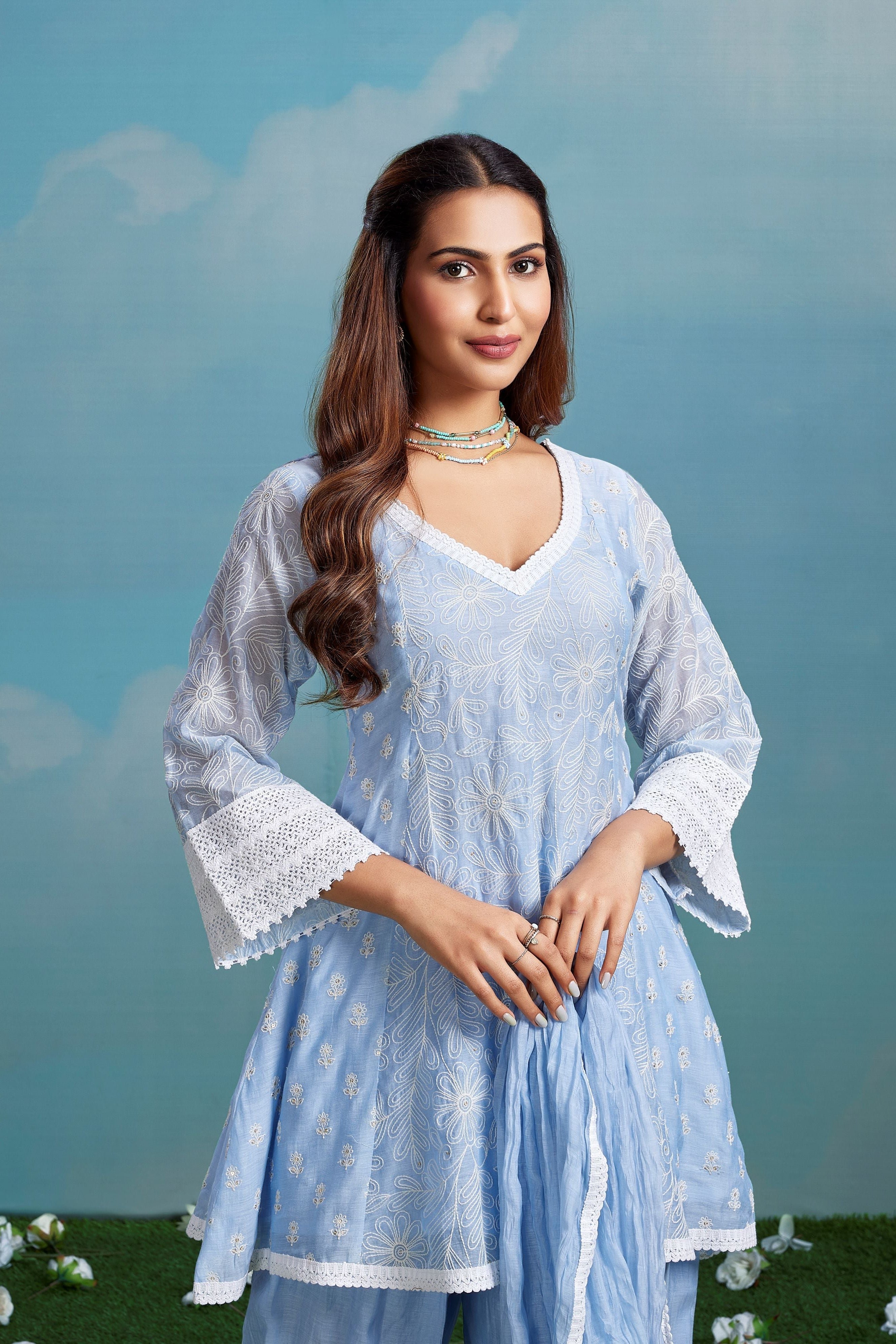 Sky Blossom Embroidered Chanderi Silk Pant Set
