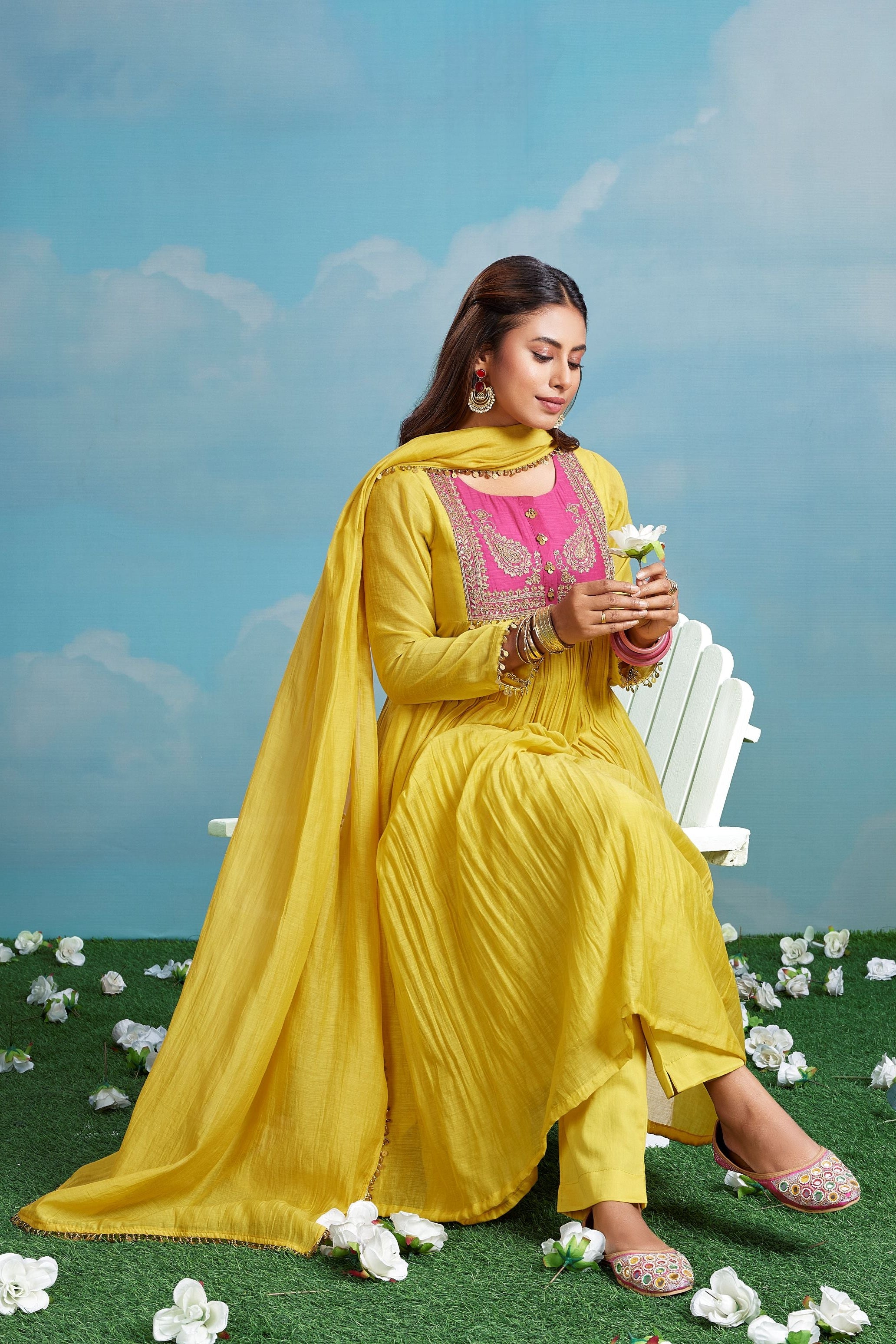 Bright Yellow Embellished Chanderi Silk Anarkali Set