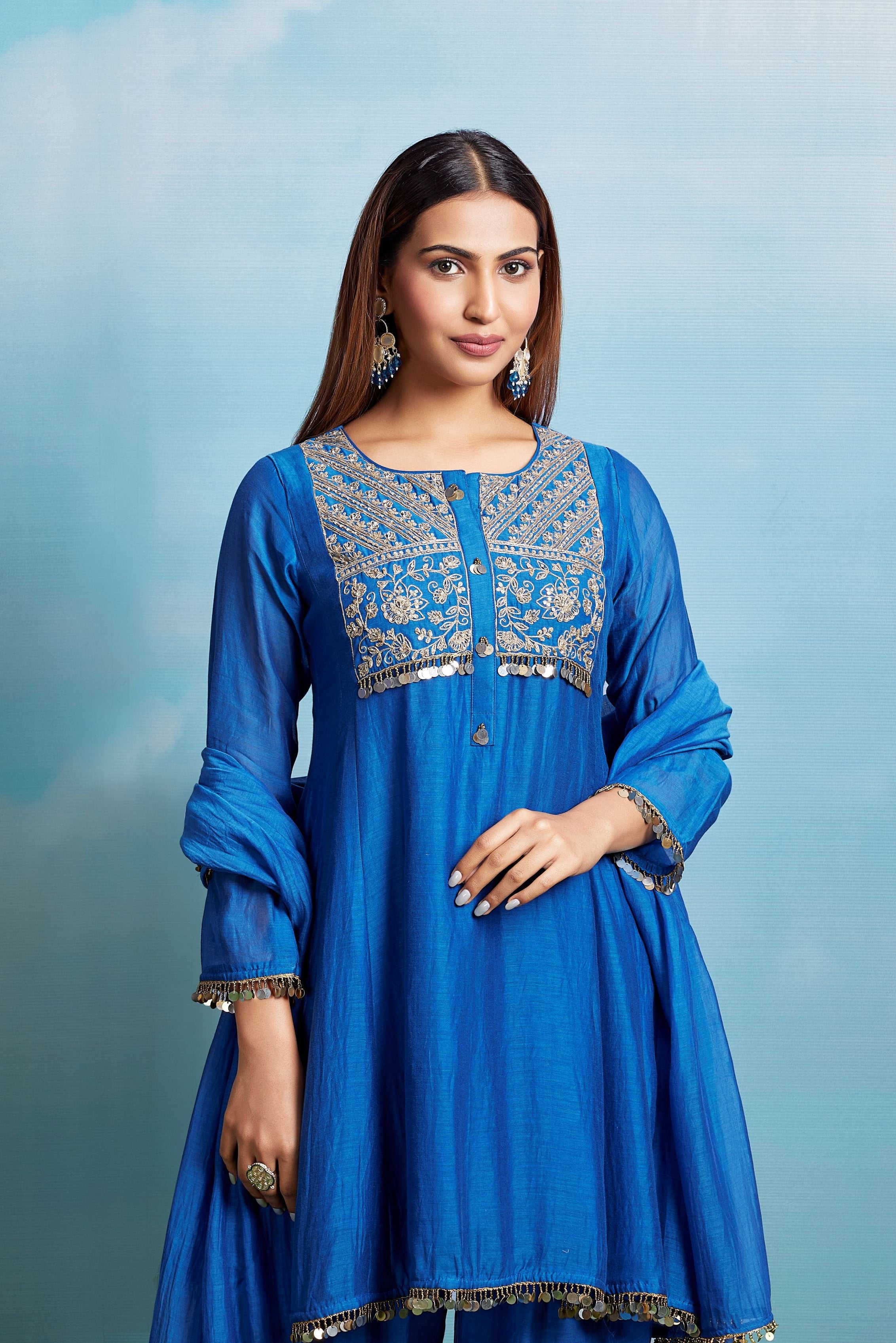 Cerulean Blue Embellished Chanderi Silk Pant Set