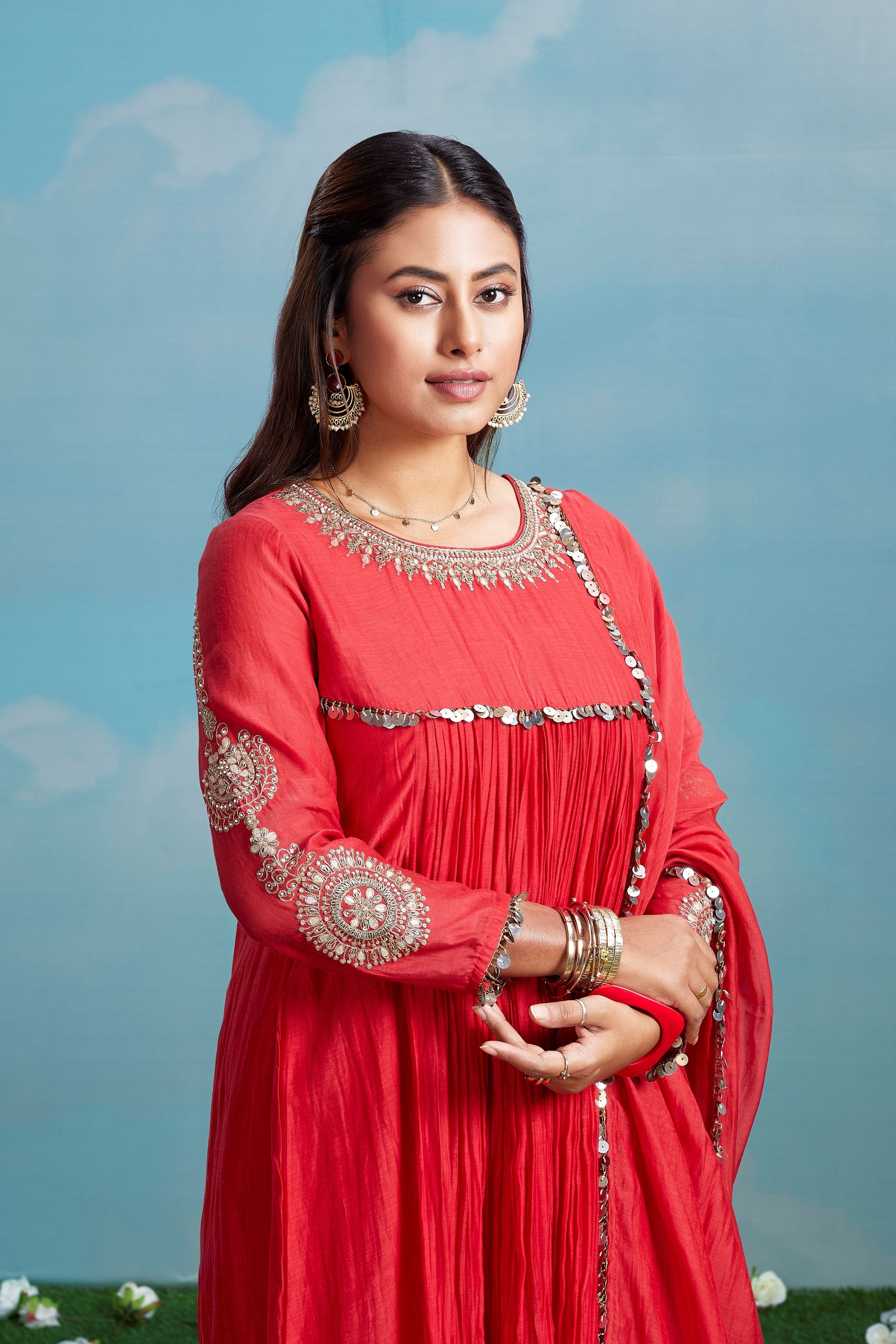 Crimson Glimmer Embellished Chanderi Silk Anarkali Set