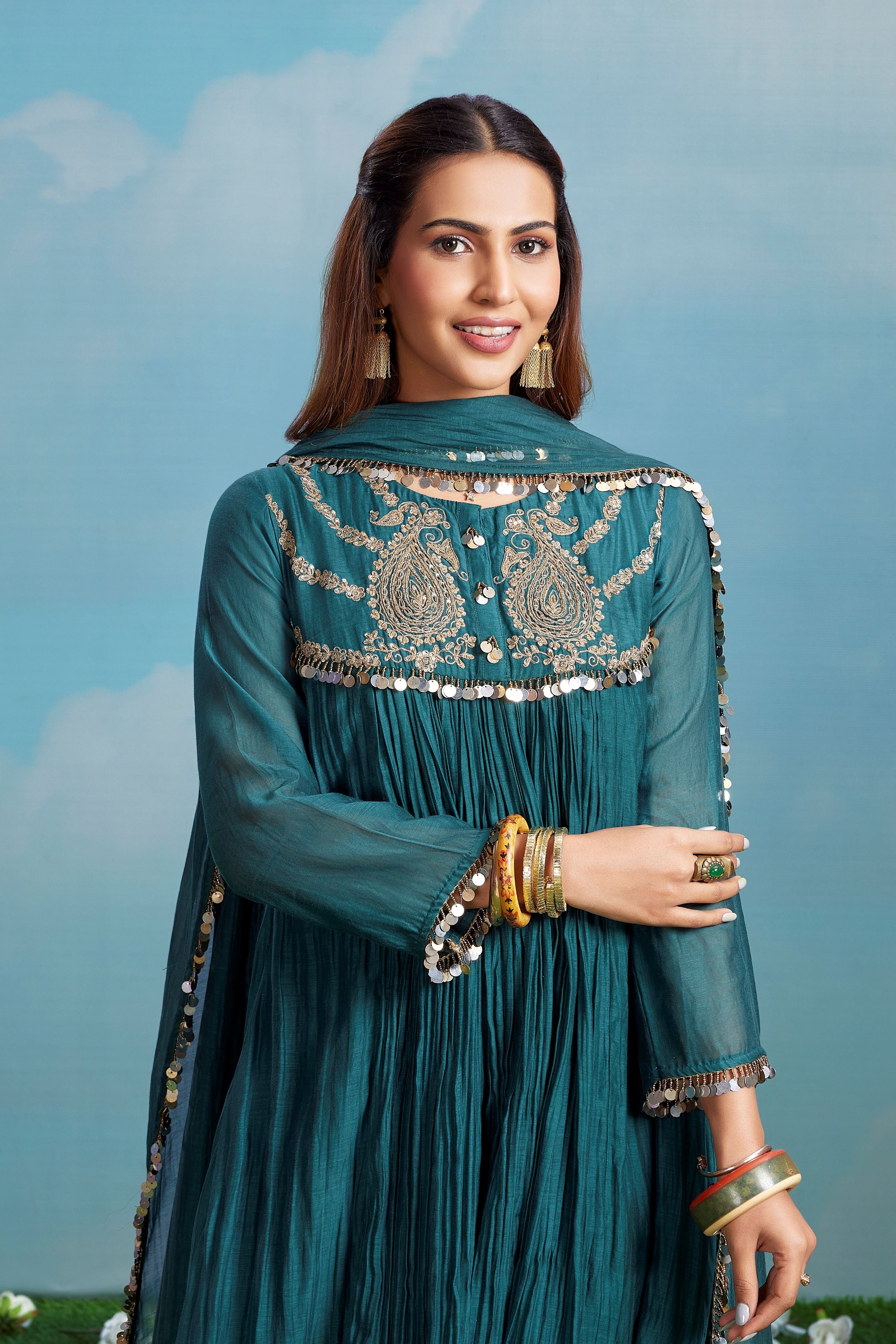 Teal Tensil Embellished Chanderi Silk Anarkali Set
