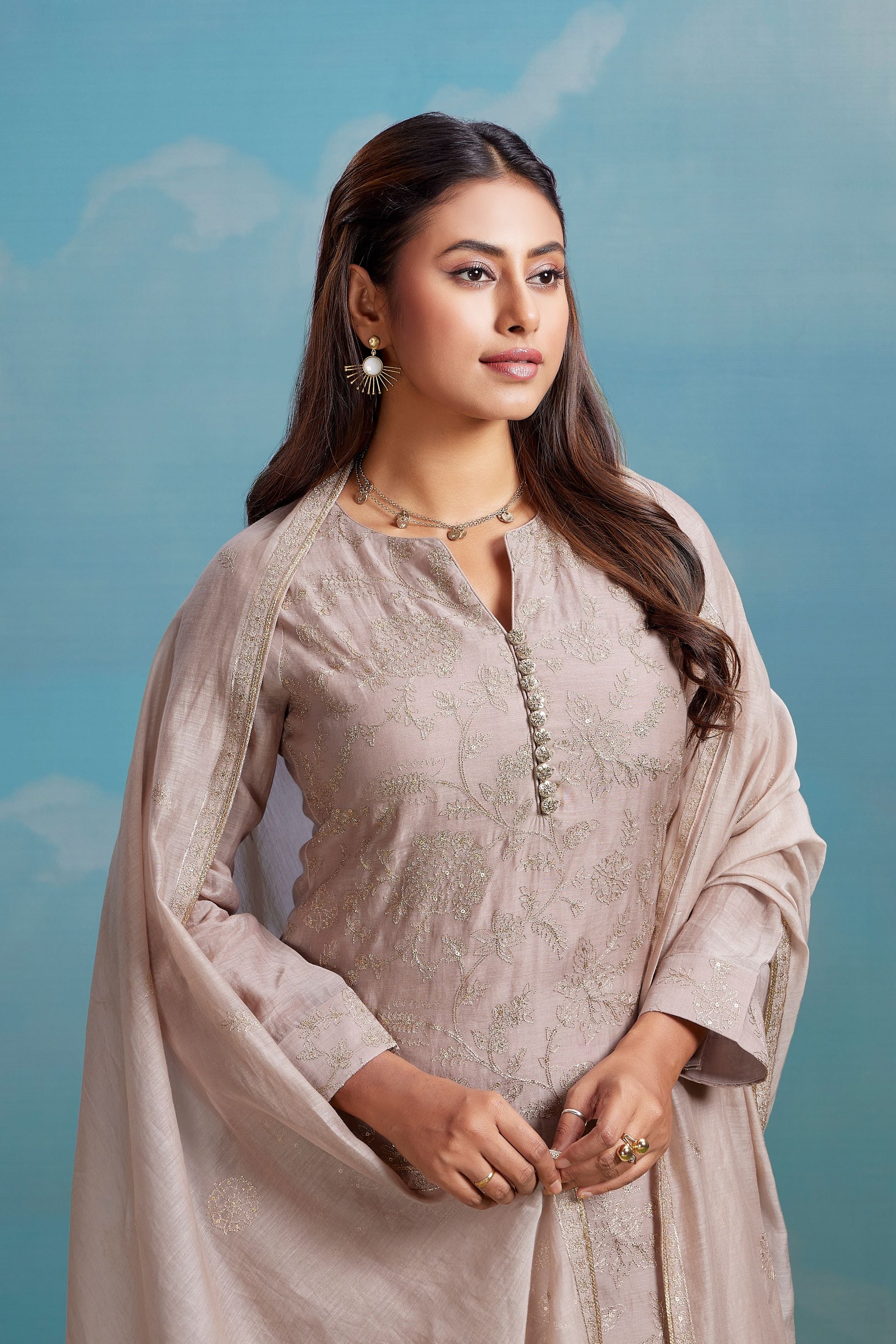 Taupe Glimmer Embellished Chanderi Silk Pant Set