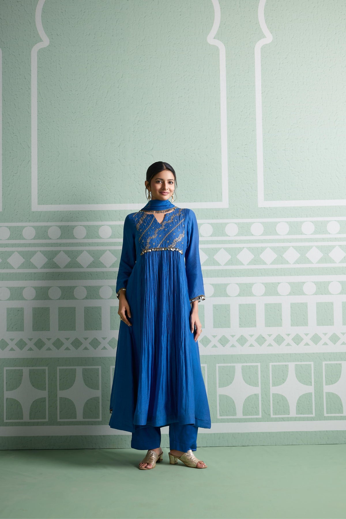 Cobalt Blue Embellished Mul Chanderi Silk Anarkali Set