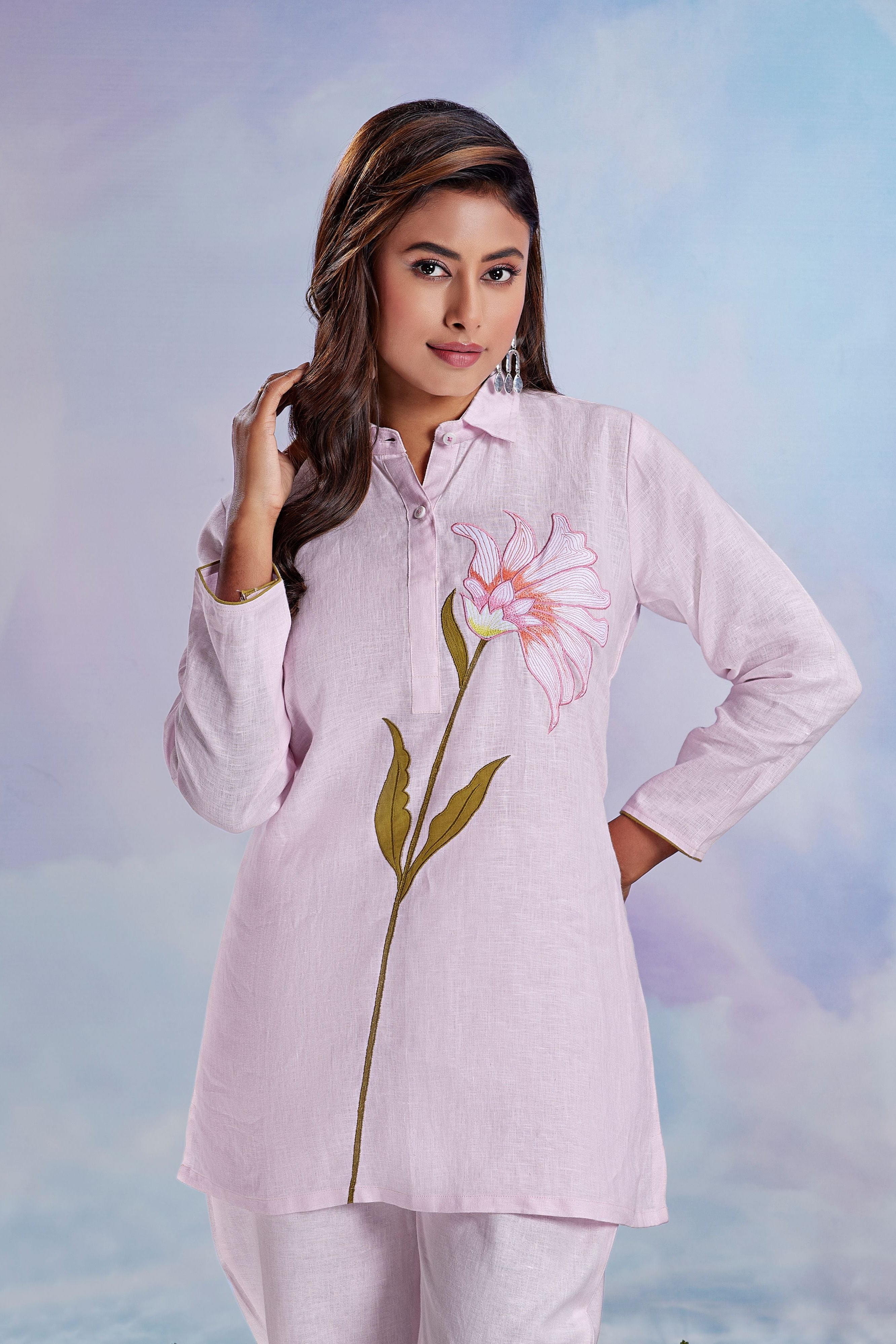 Blush Petal Embroidered Linen Co-Ord Set