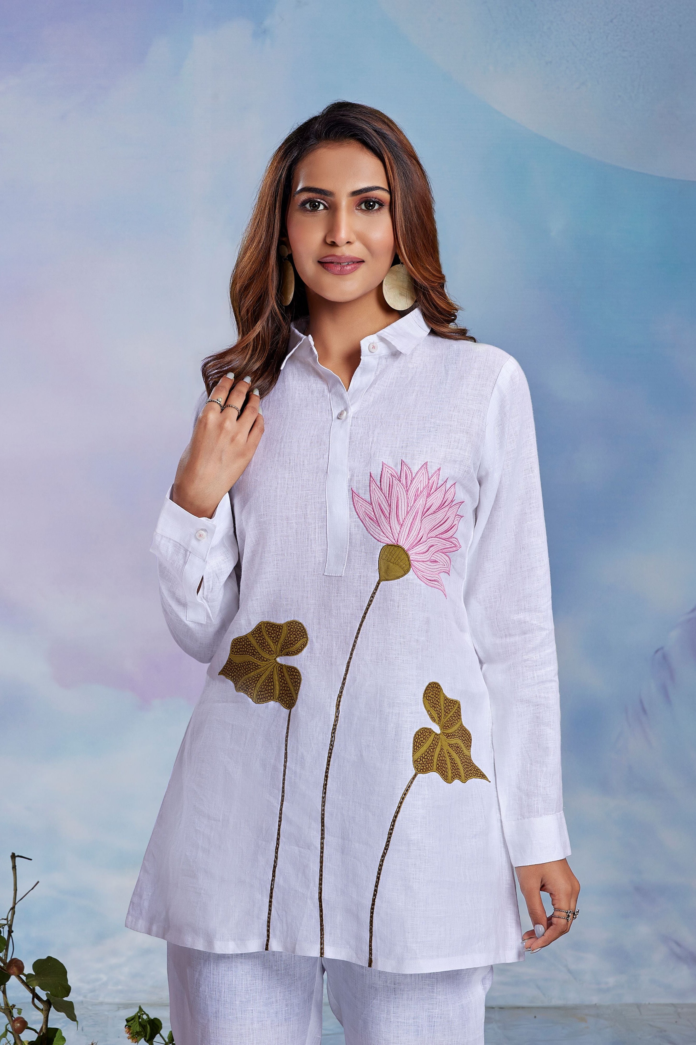 Pristine Lotus Embroidered Linen Co-Ord Set