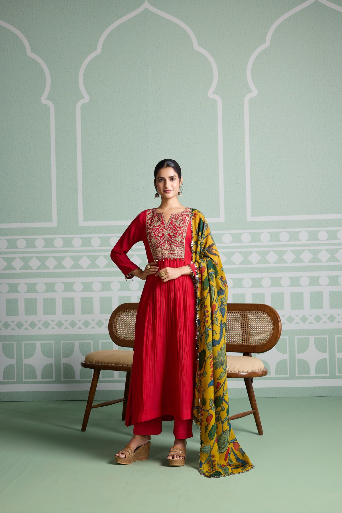 Crimson Red Embellsihed Mul Chanderi Silk Kurta Set