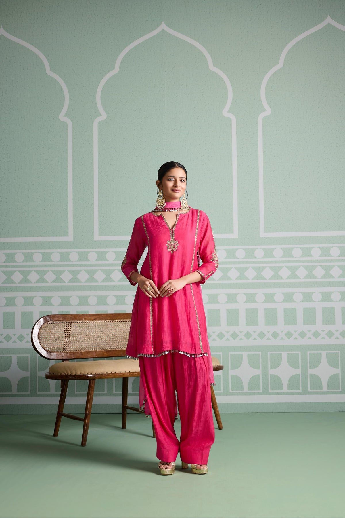Fuchsia Pink Embellsihed Mul Chanderi Silk Salwar Set