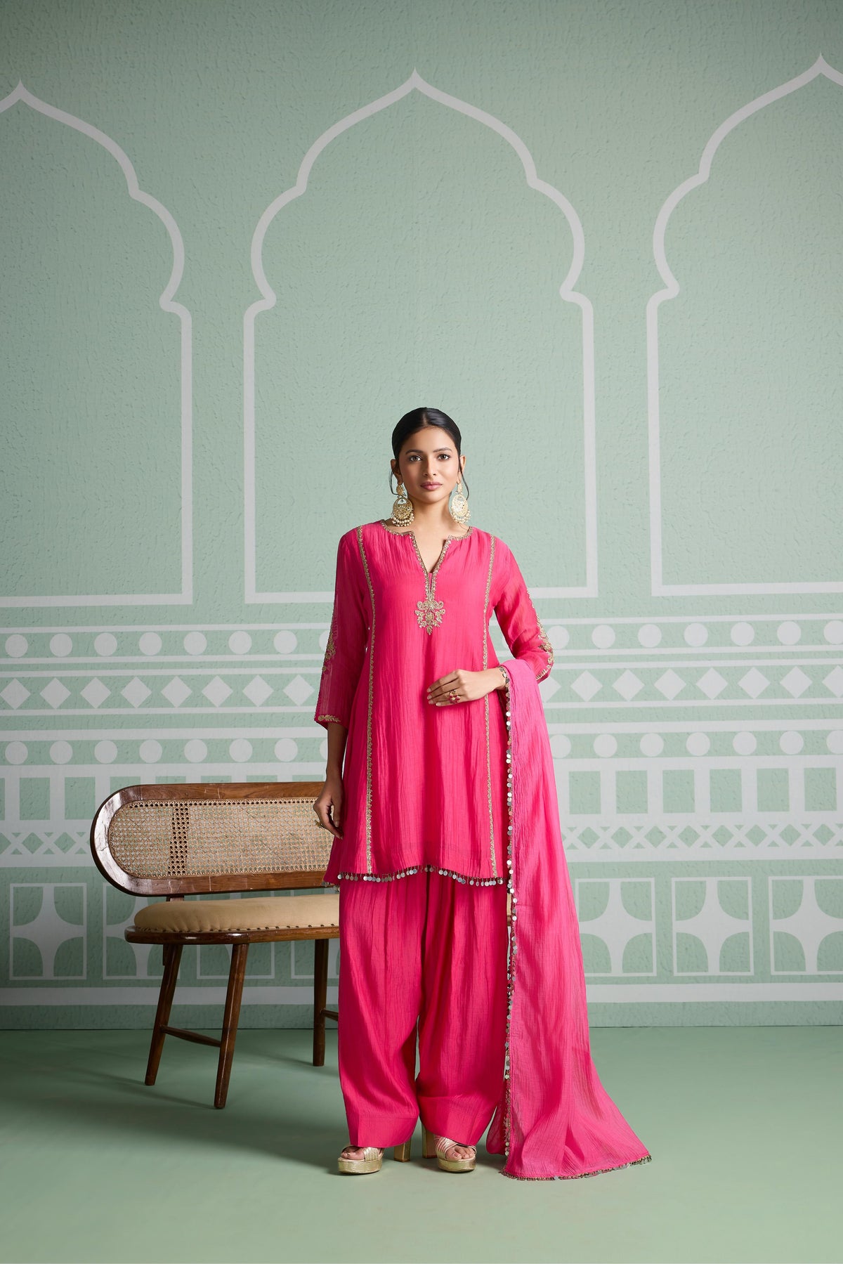Fuchsia Pink Embellsihed Mul Chanderi Silk Salwar Set
